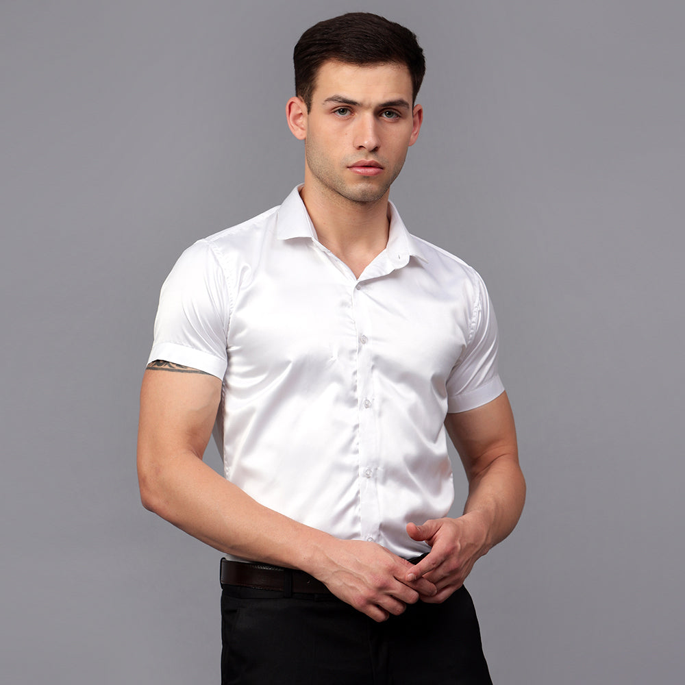 Men’s Satin Half Sleeve Formal Shirt – Premium Soft & Shiny Finish-White My Store