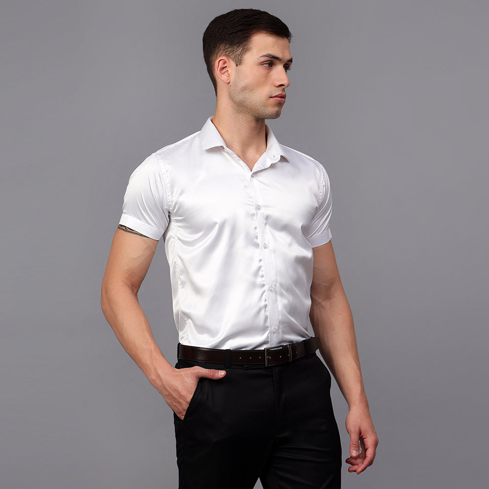 Men’s Satin Half Sleeve Formal Shirt – Premium Soft & Shiny Finish-White My Store