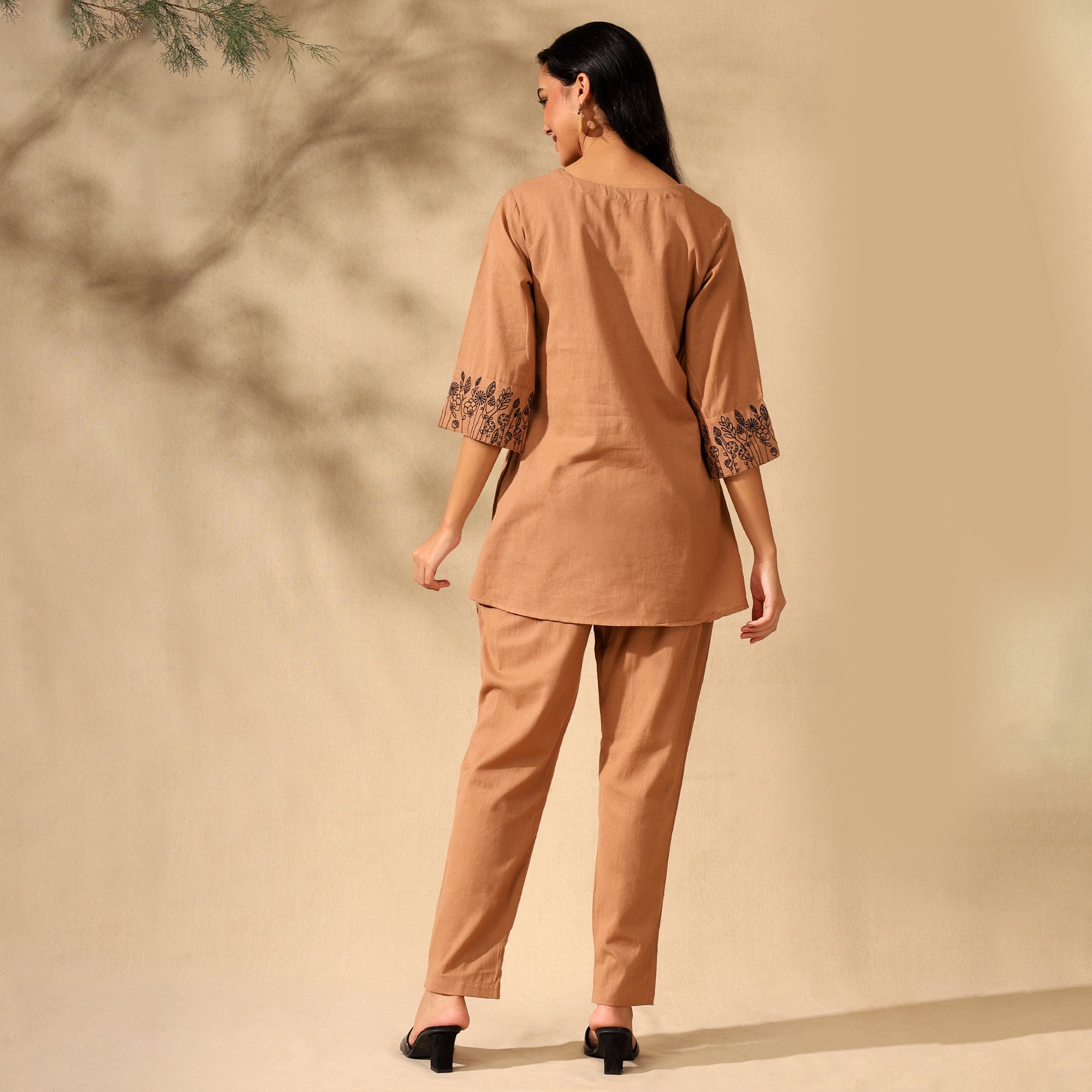 Botanical Embroidered Pure Cotton Tunic With Trousers Beige Co-ord Set