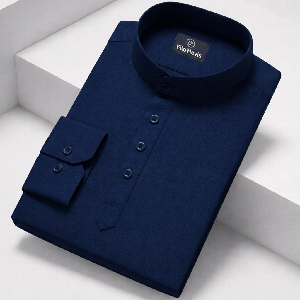 Cotton Chinese Collar Short Kurta for Men | Traditional Nehru Ethnic Shirts | Daily Wear-Navy Blue Filo Hevis