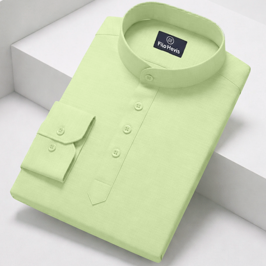 Men's Full-Sleeve Mandarin Collar Regular Fit Cotton Lenin Shirt-Light-Green Filo Hevis