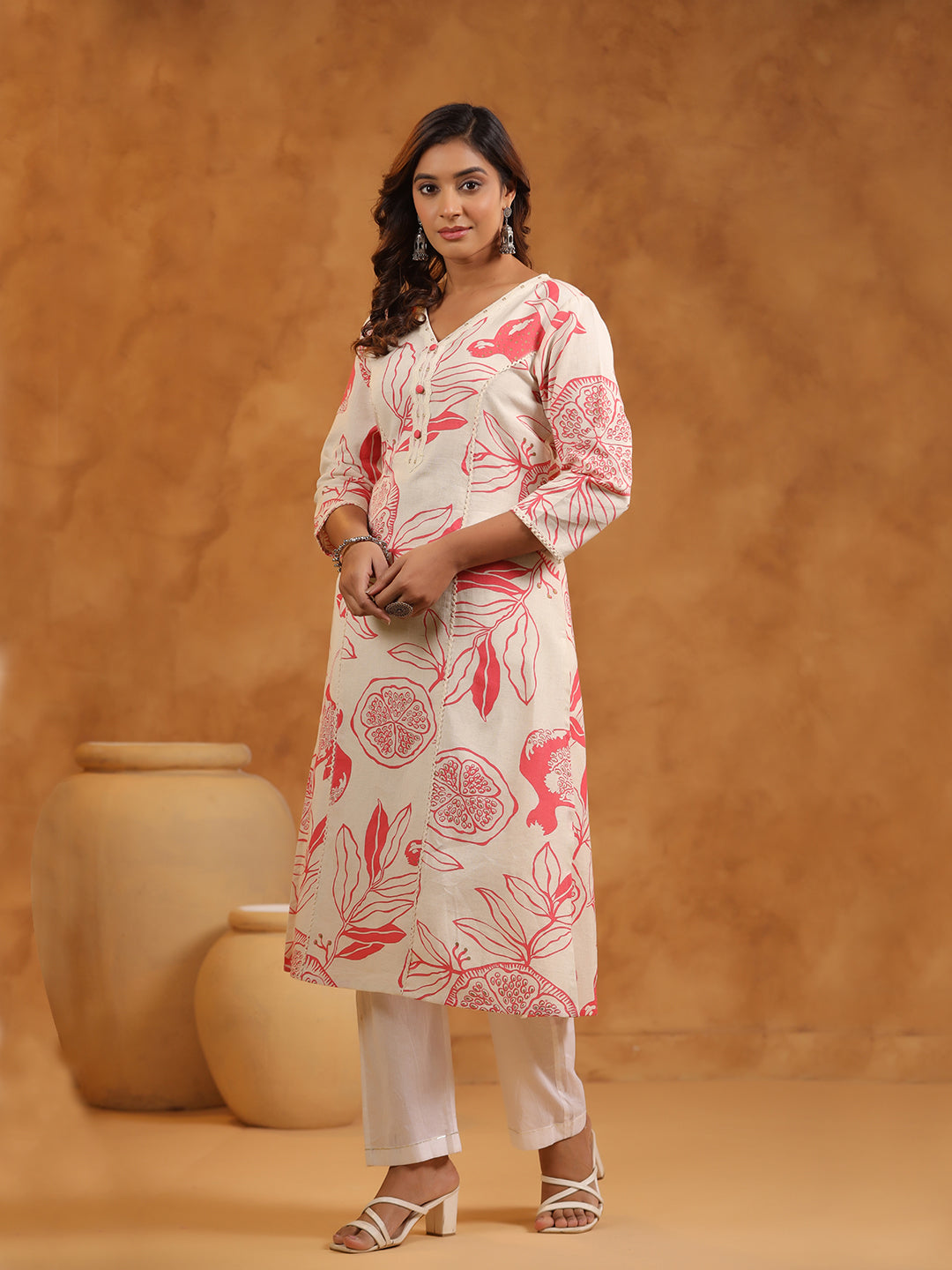 Floral Print Cotton V-Neck A-Line Long Kurti- Cream & Peach & Cream