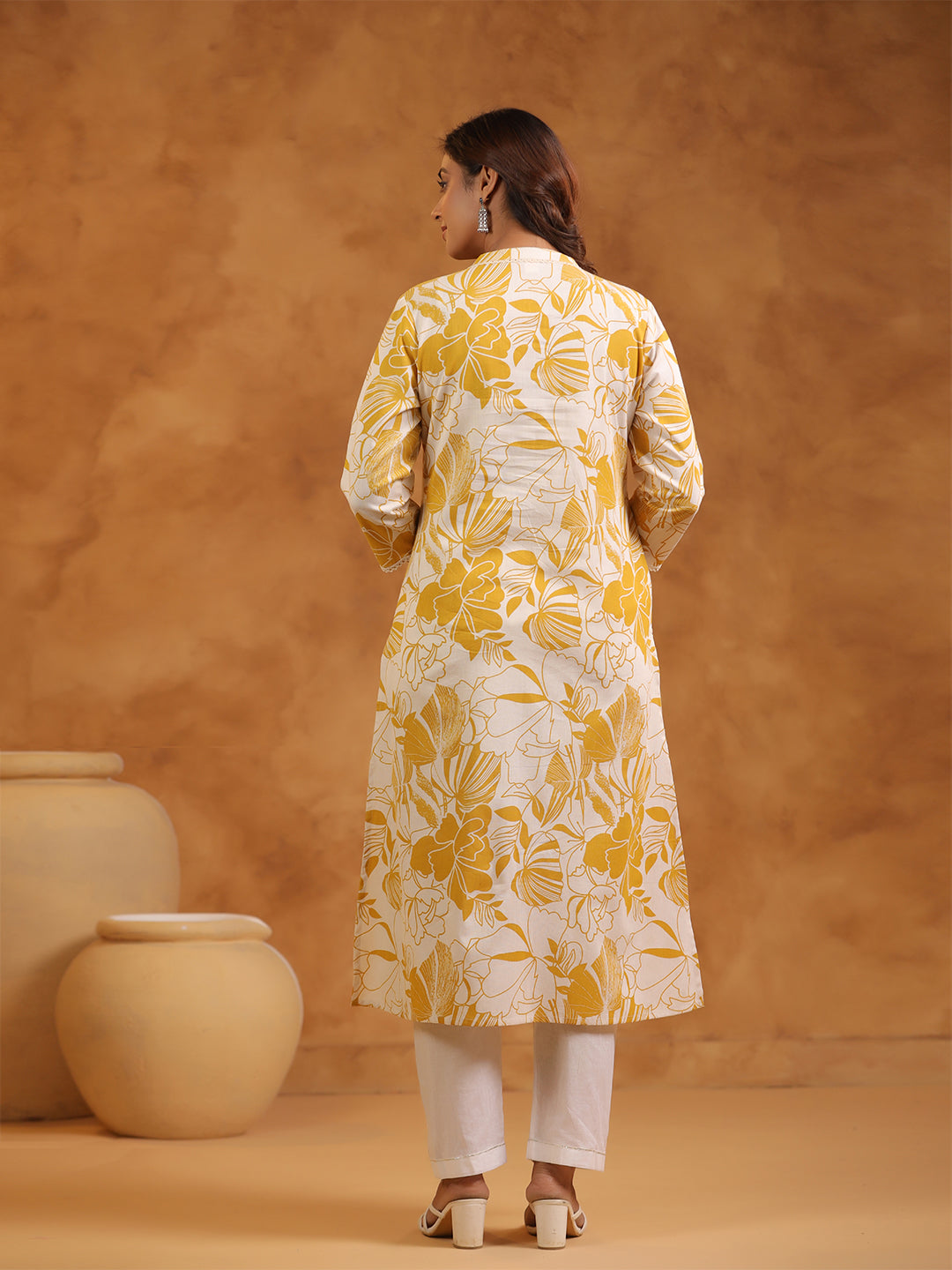 Floral Print Cotton Mandarin Collar Straight Long Kurti- Yellow & Cream