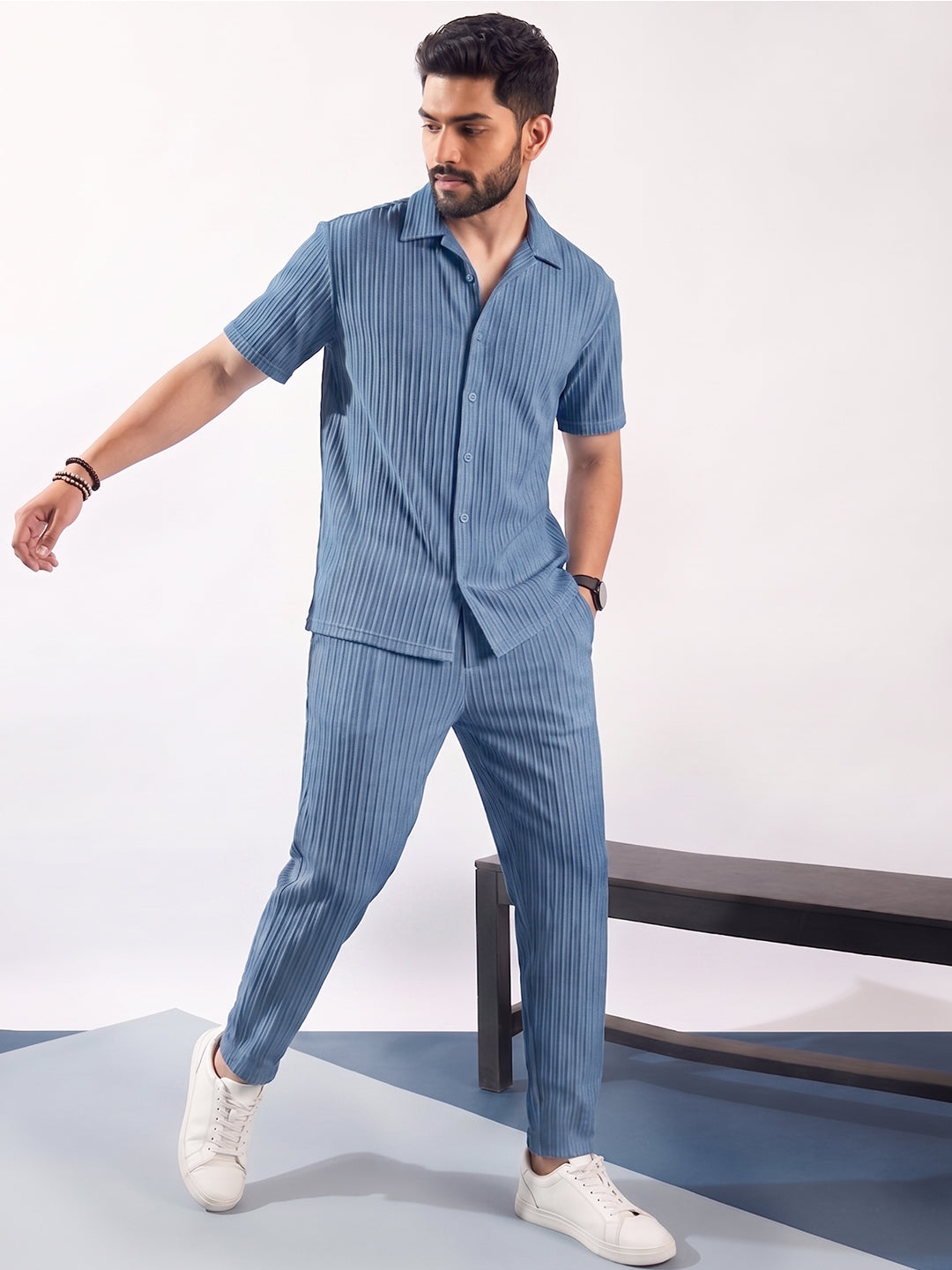 Men’s Denim Blue Textured Co-Ord Set – Premium Relaxed Fit Shirt & Trouser Set