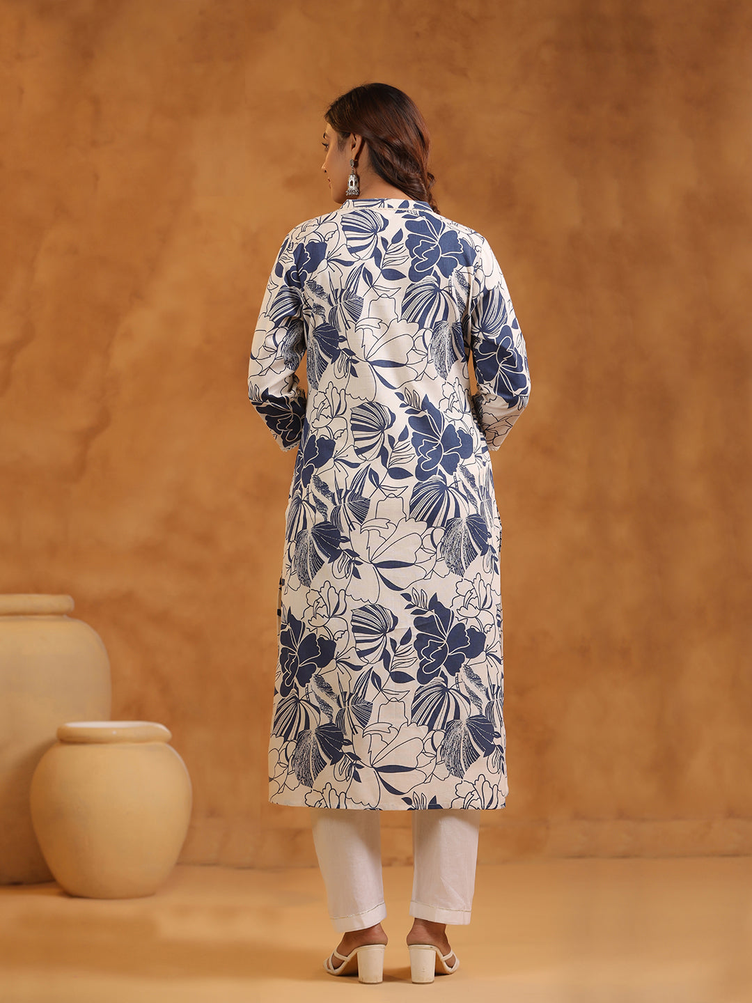 Floral Print Cotton Mandarin Collar Straight Long Kurti- Blue & Cream