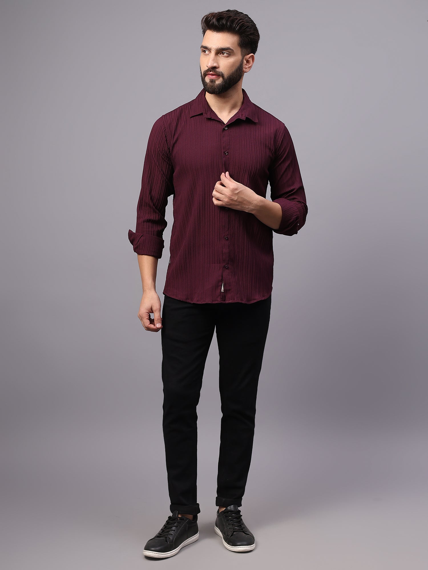 Crushed Self Stripe Maroon Shirt