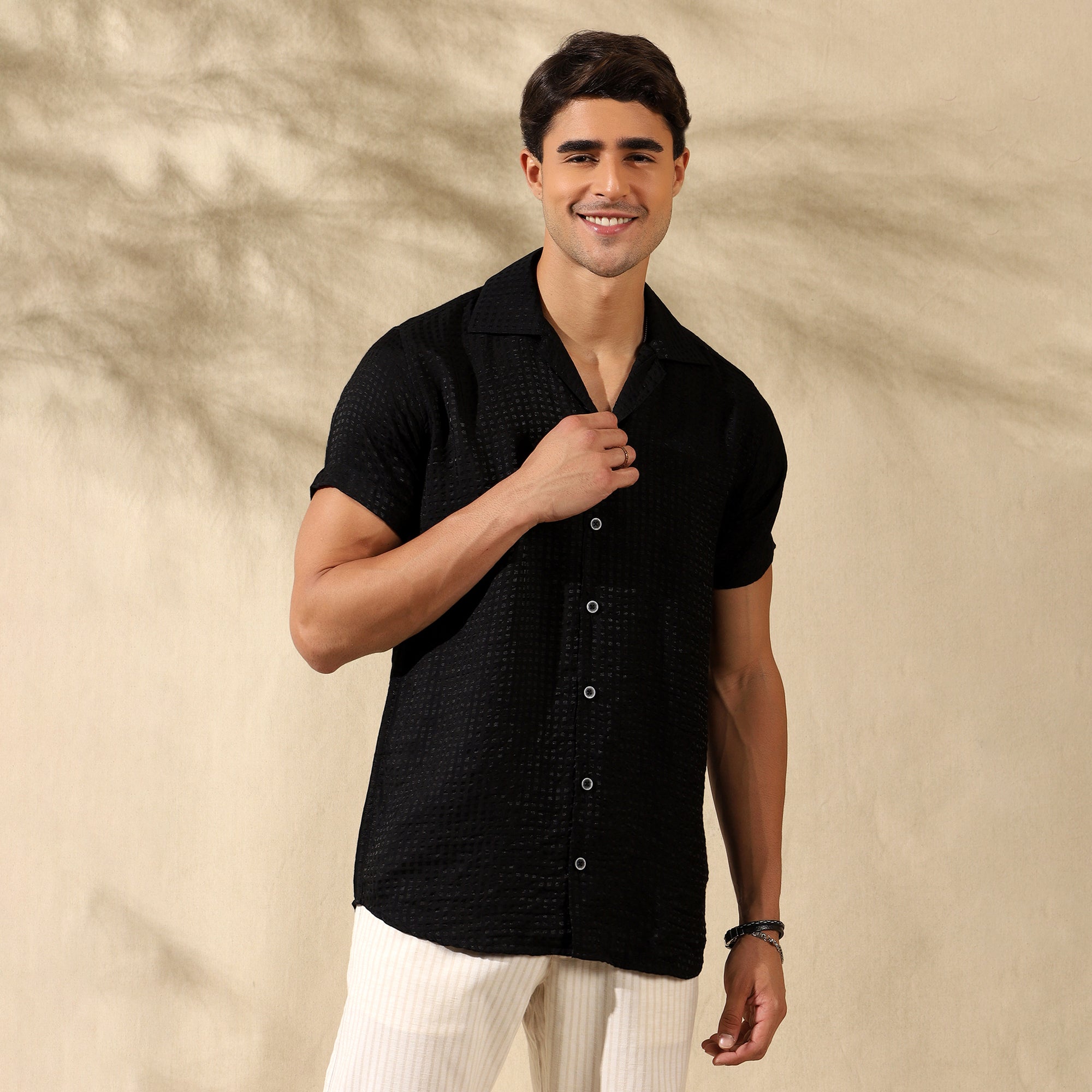Men's Imported Textured Cuban Collar Casual Half Shirt Black
