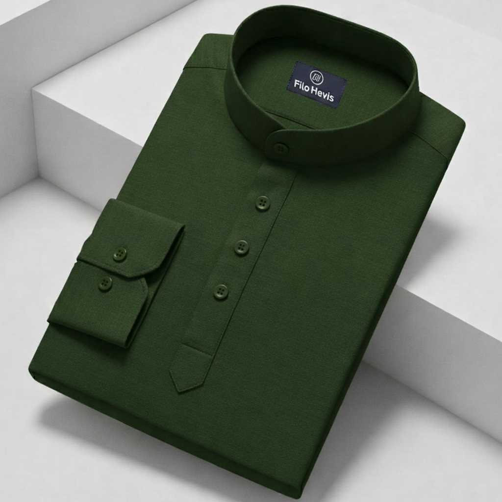 Cotton Chinese Collar Short Kurta for Men | Traditional Nehru Ethnic Shirts | Daily Wear-Dark Green/Phthalo Green Filo Hevis