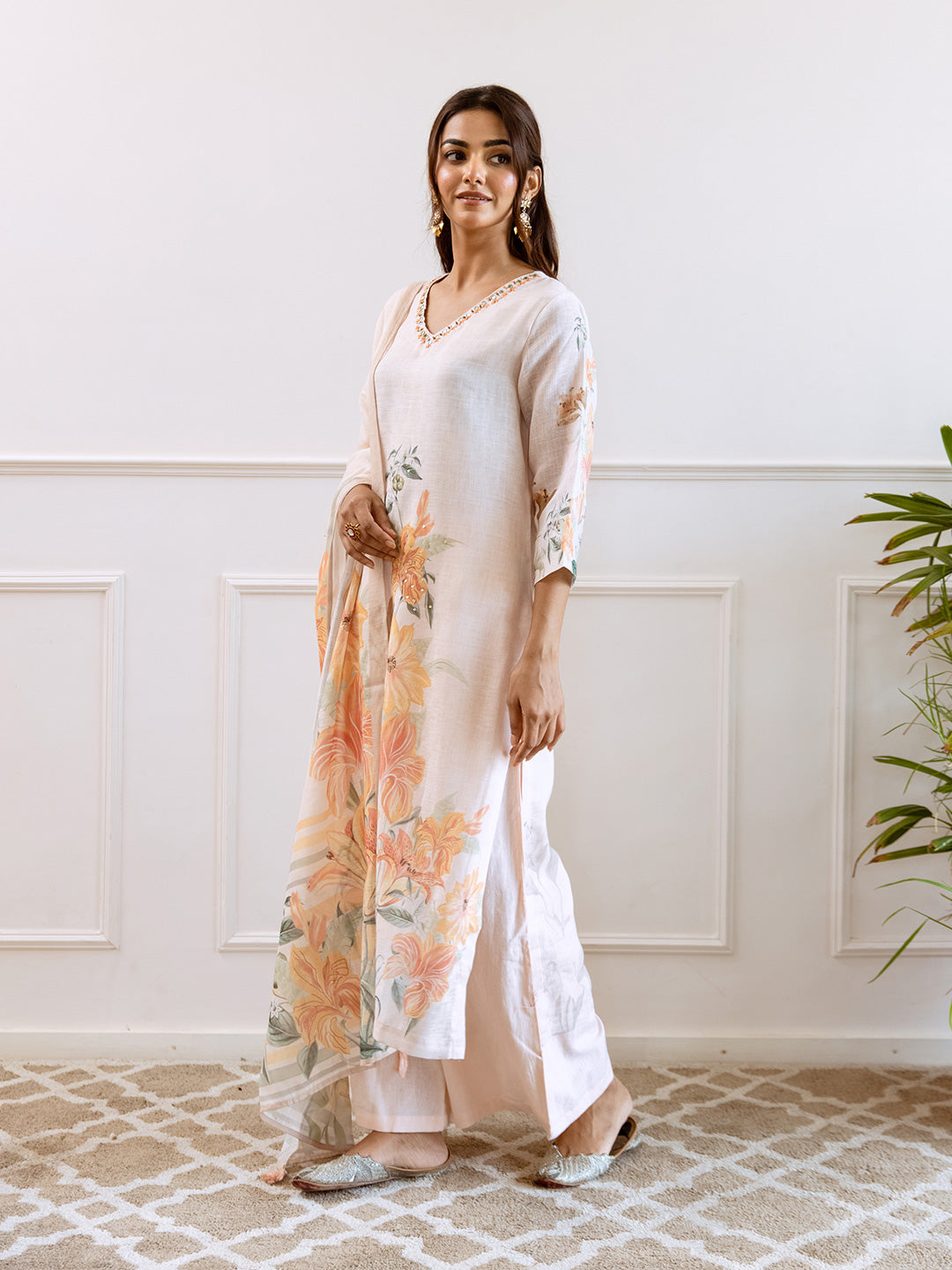 Floral Printed V-Neck Linen Straight Kurta Set with Dupatta- Cream