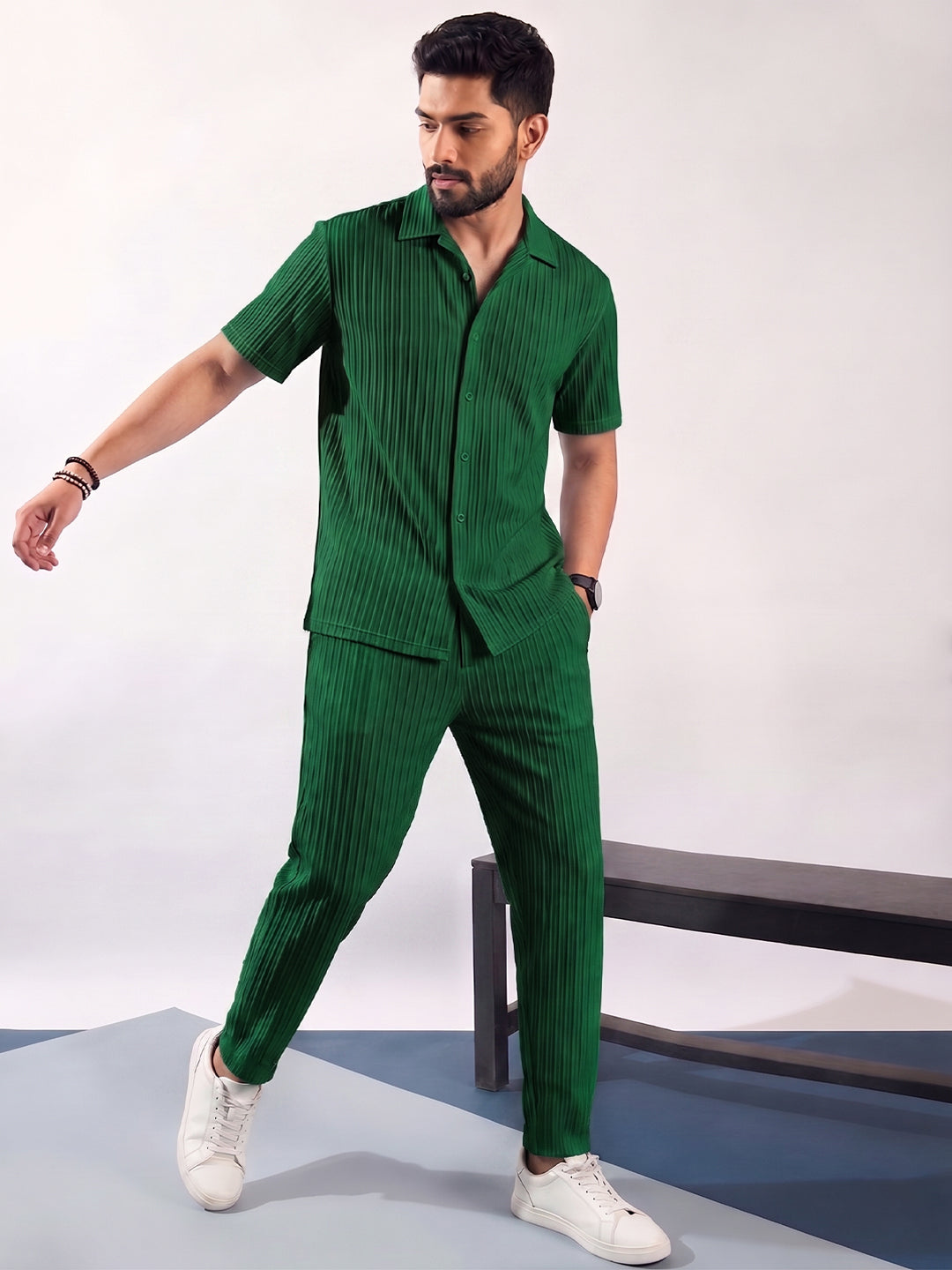Men’s Mehndi Olive Textured Co-Ord Set – Premium Relaxed Fit Shirt & Trouser Set