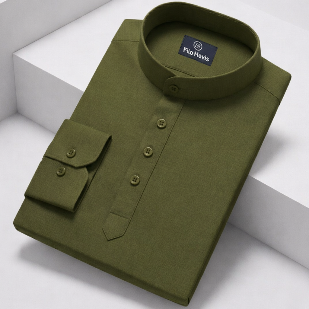 Cotton Chinese Collar Short Kurta for Men | Traditional Nehru Ethnic Shirts | Daily Wear-Olive Green Filo Hevis