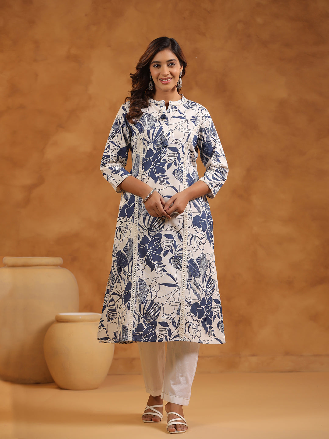 Floral Print Cotton Mandarin Collar Straight Long Kurti- Blue & Cream