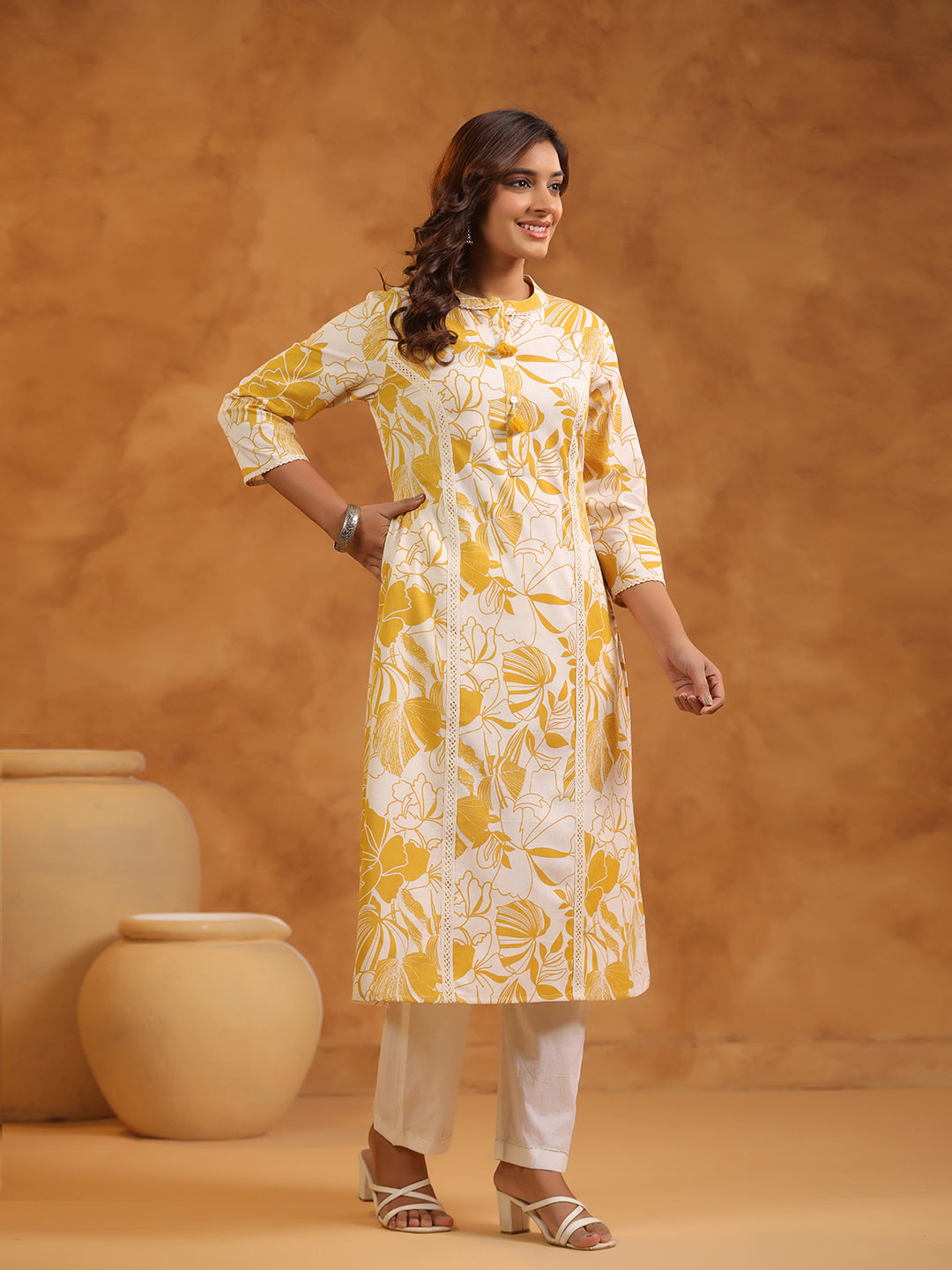 Floral Print Cotton Mandarin Collar Straight Long Kurti- Yellow & Cream