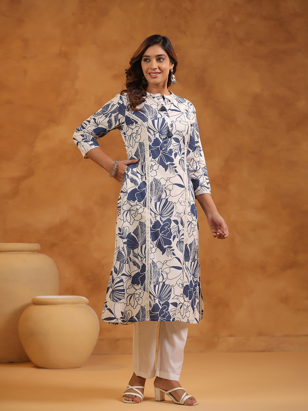 Floral Print Cotton Mandarin Collar Straight Long Kurti- Blue & Cream