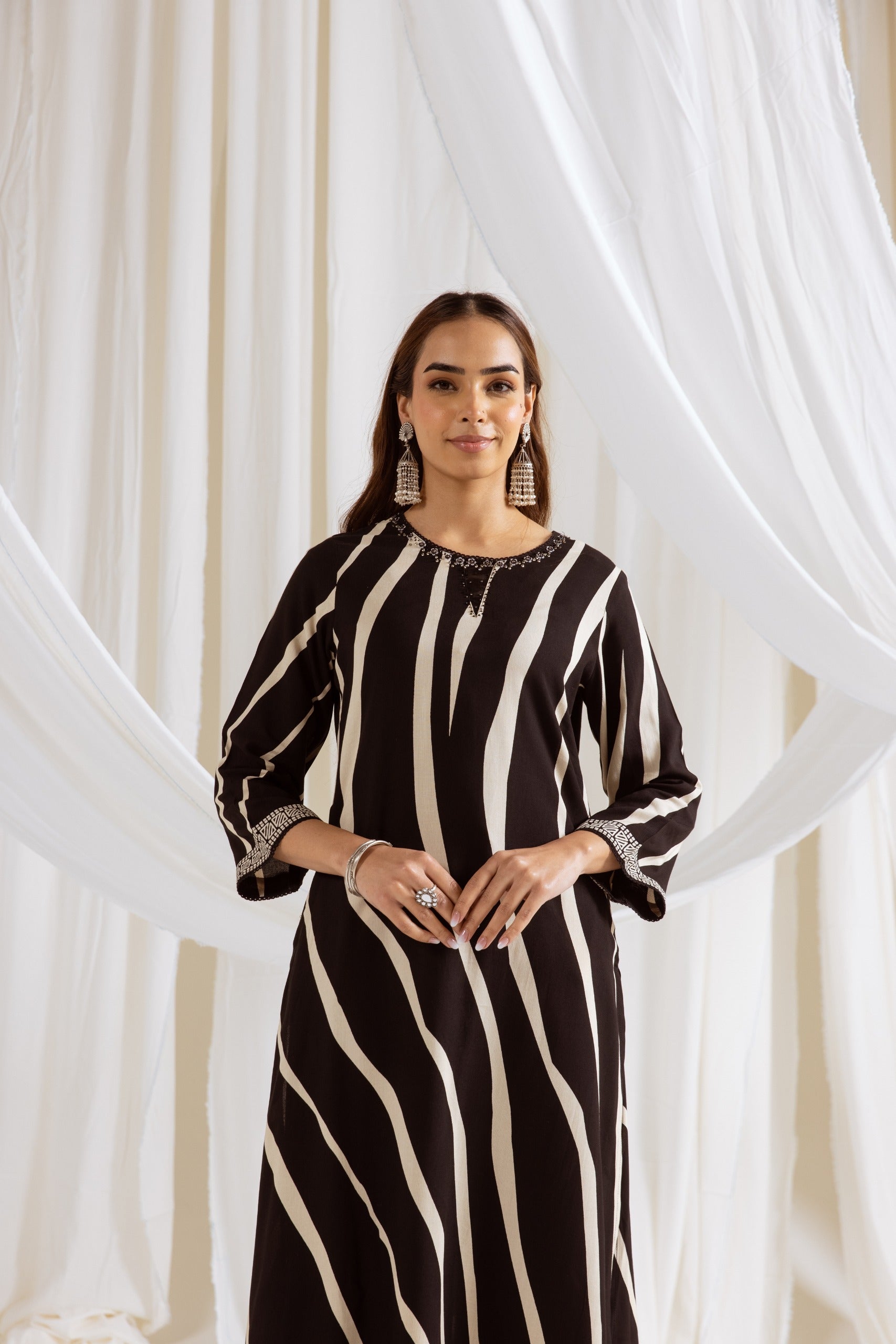 Striped Abstract Print Cotton Rayon Kurta Set- Black