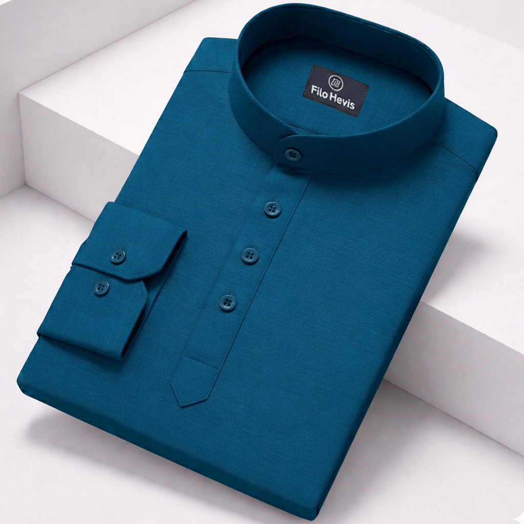 Cotton Chinese Collar Short Kurta for Men | Traditional Nehru Ethnic Shirts | Daily Wear-Teal Blue Filo Hevis