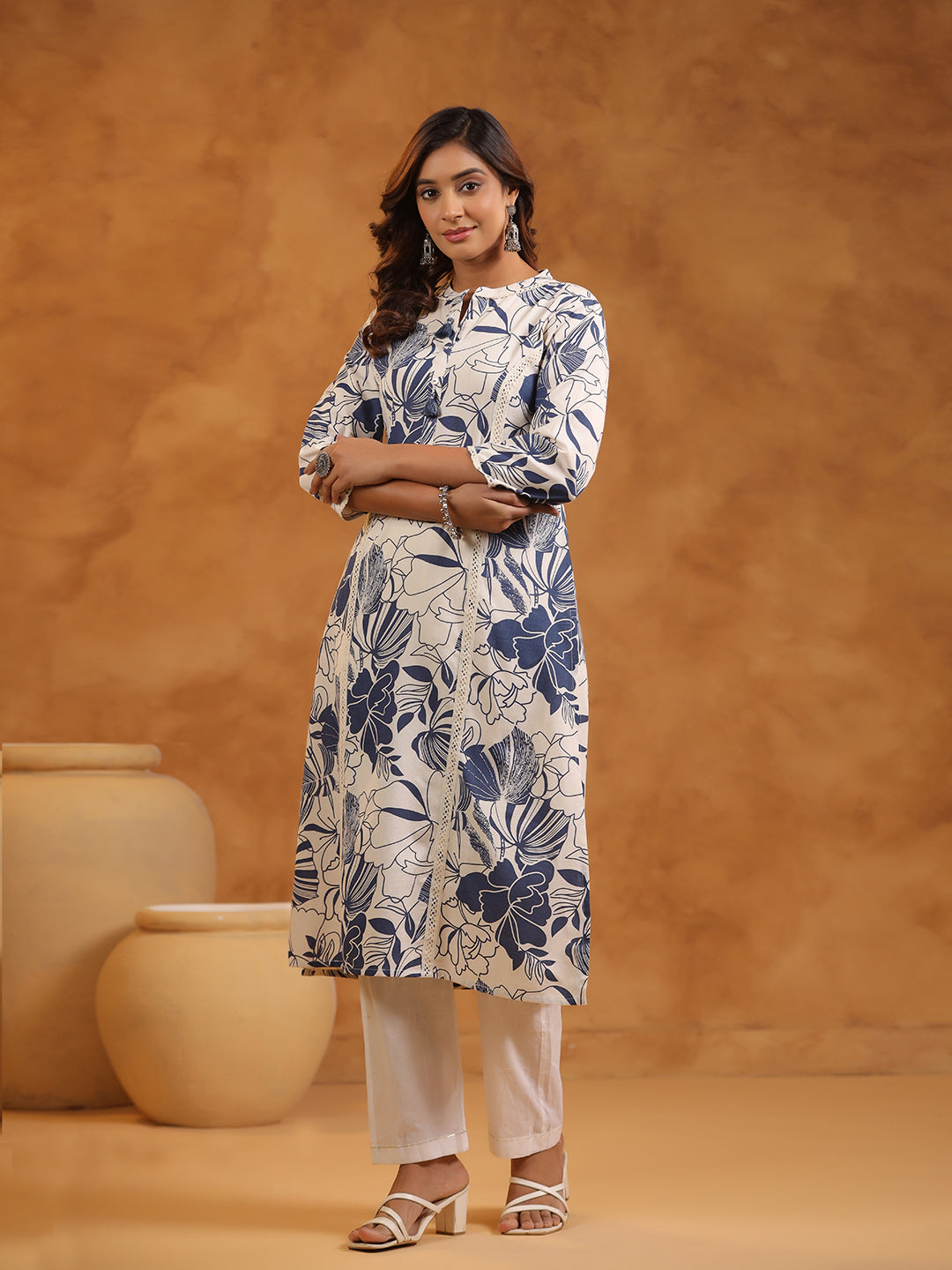Floral Print Cotton Mandarin Collar Straight Long Kurti- Blue & Cream