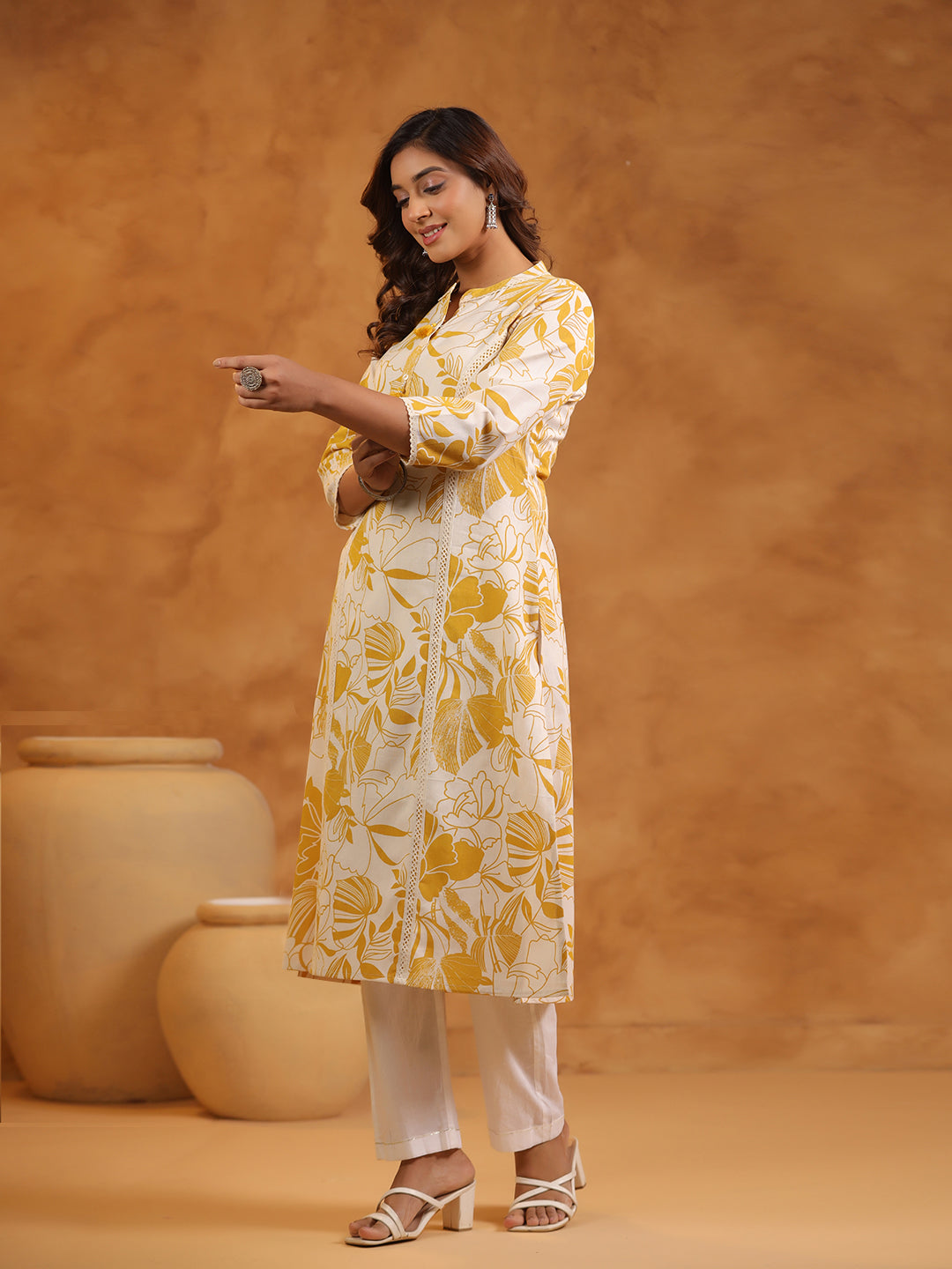 Floral Print Cotton Mandarin Collar Straight Long Kurti- Yellow & Cream
