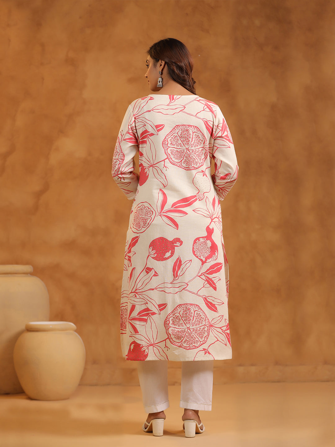 Floral Print Cotton V-Neck A-Line Long Kurti- Cream & Peach & Cream
