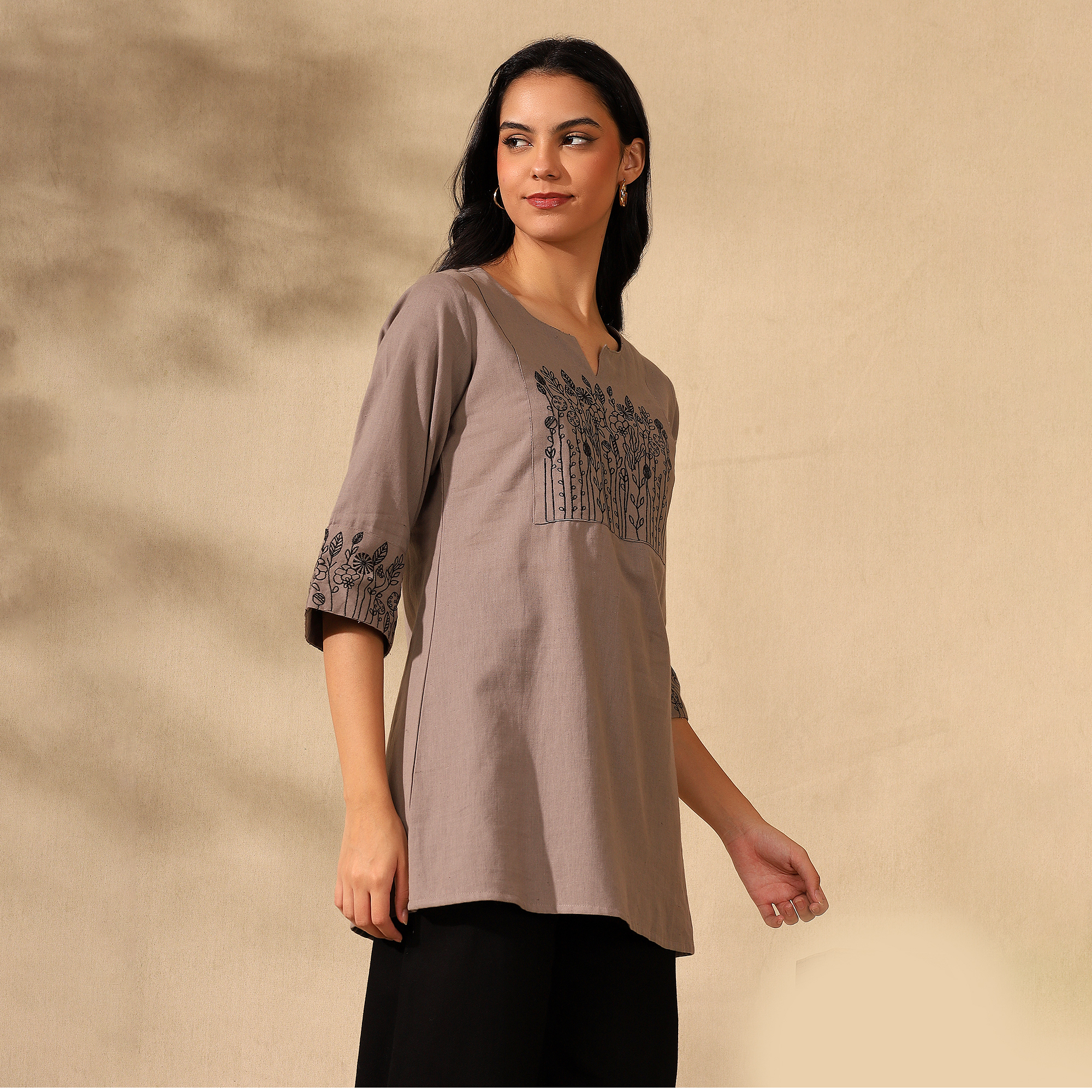 Botanical Embroidered Pure Cotton Brown Short Kurti/Tunic