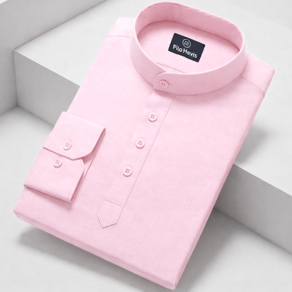 Cotton Chinese Collar Short Kurta for Men | Traditional Nehru Ethnic Shirts | Daily Wear-Pink Filo Hevis
