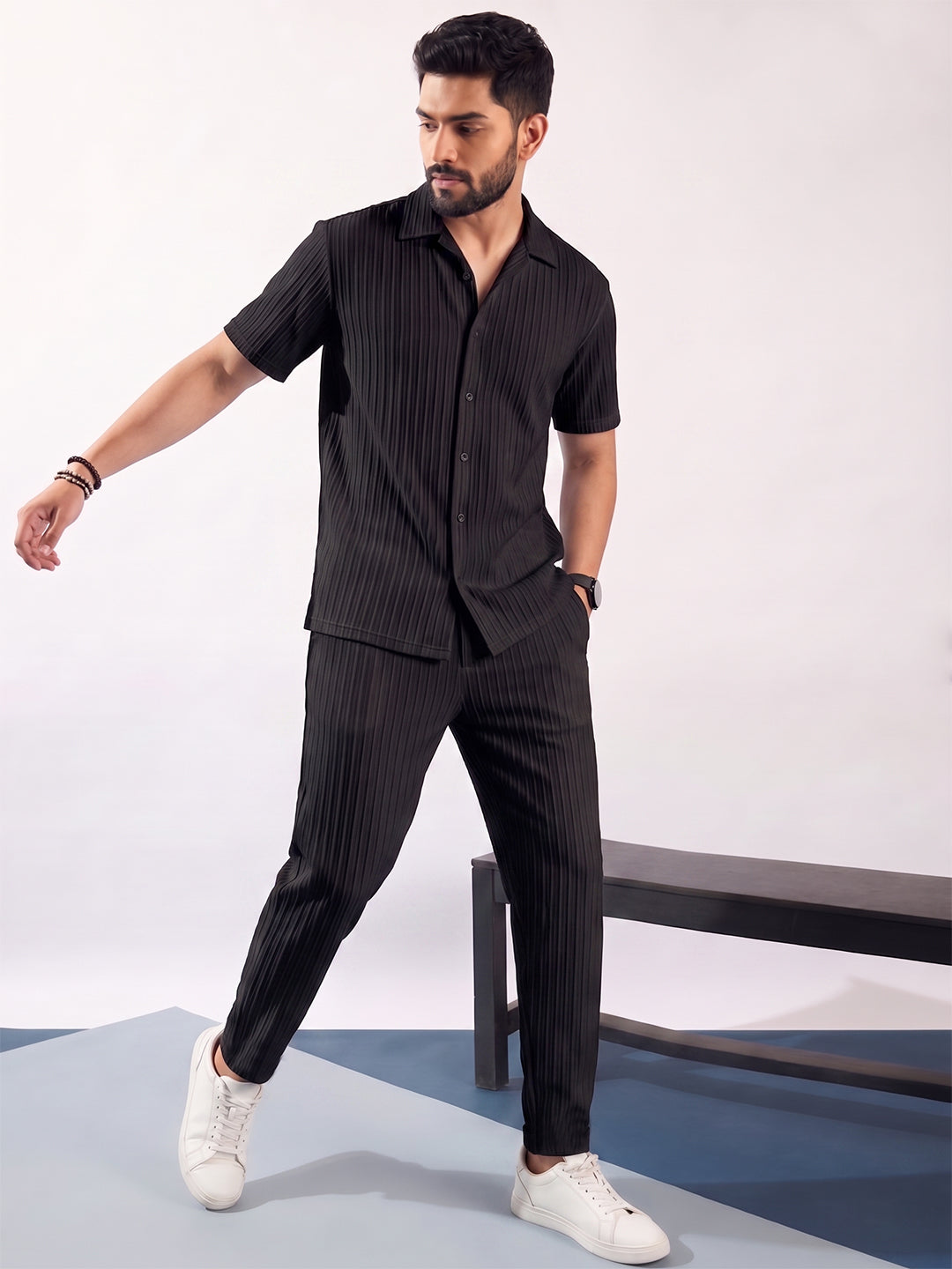 Men’s Black Textured Co-Ord Set – Premium Relaxed Fit Shirt & Trouser Set