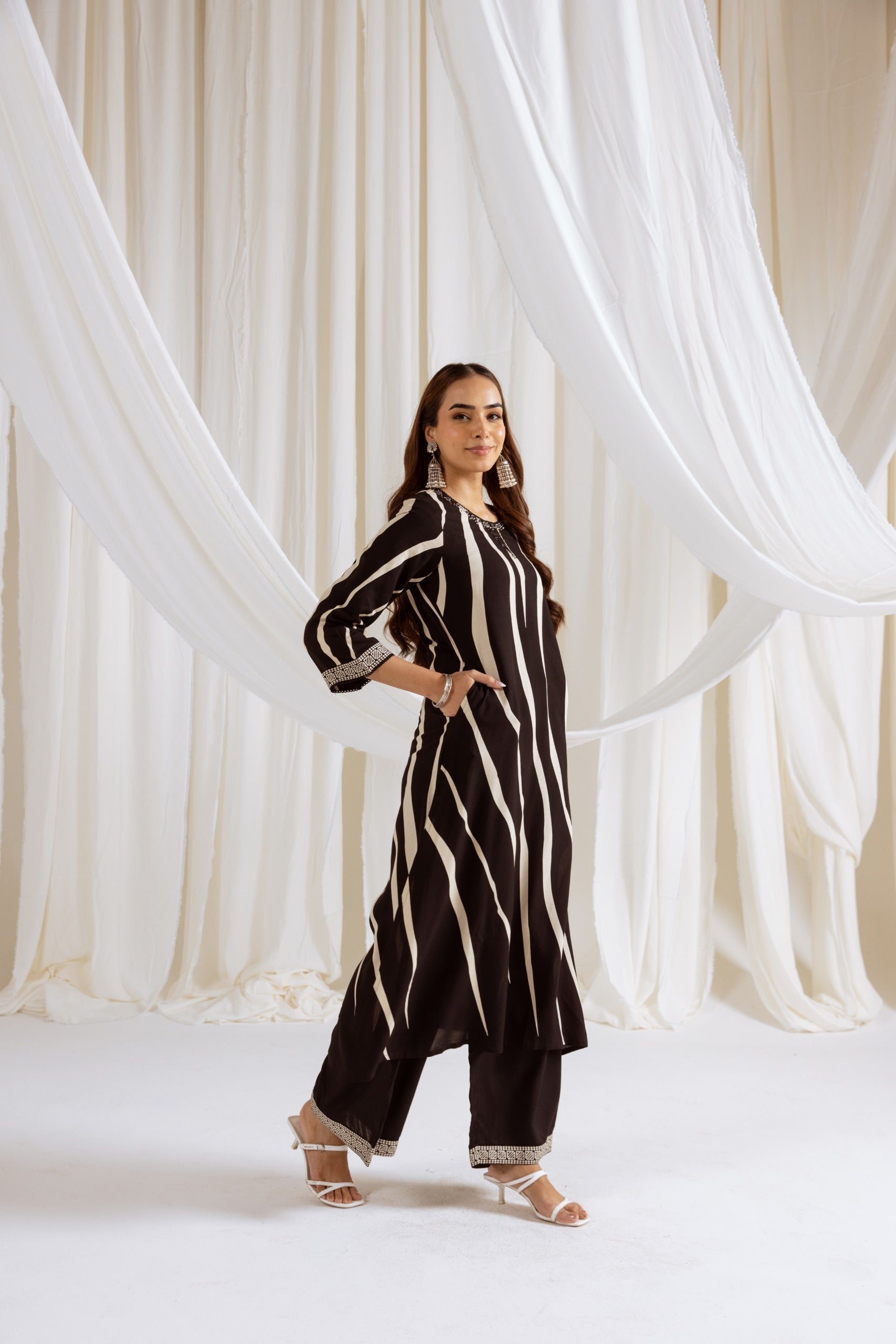 Striped Abstract Print Cotton Rayon Kurta Set- Black