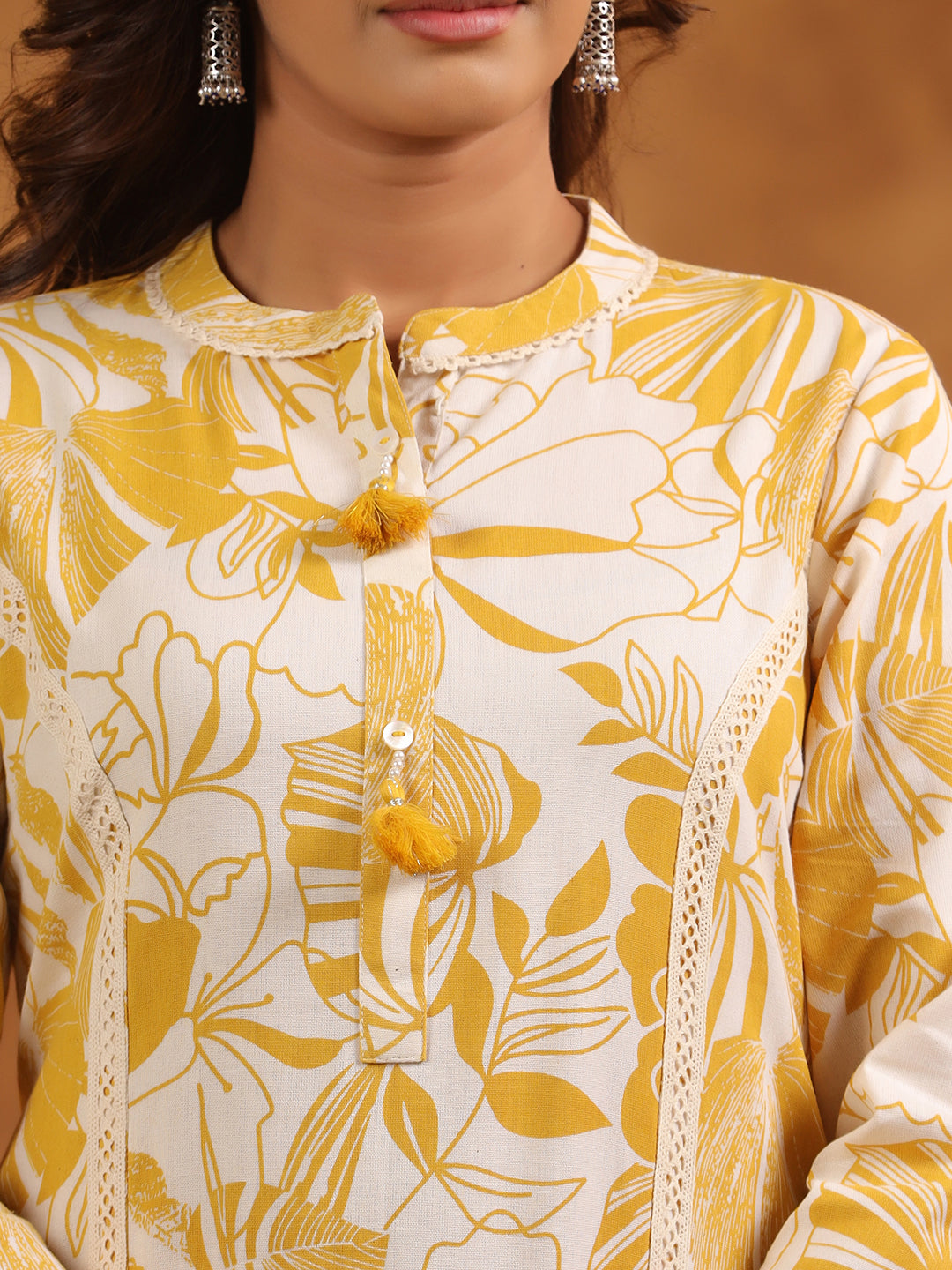 Floral Print Cotton Mandarin Collar Straight Long Kurti- Yellow & Cream