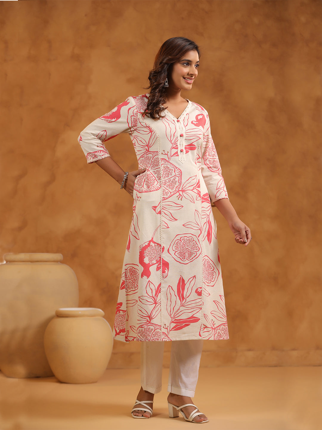 Floral Print Cotton V-Neck A-Line Long Kurti- Cream & Peach & Cream