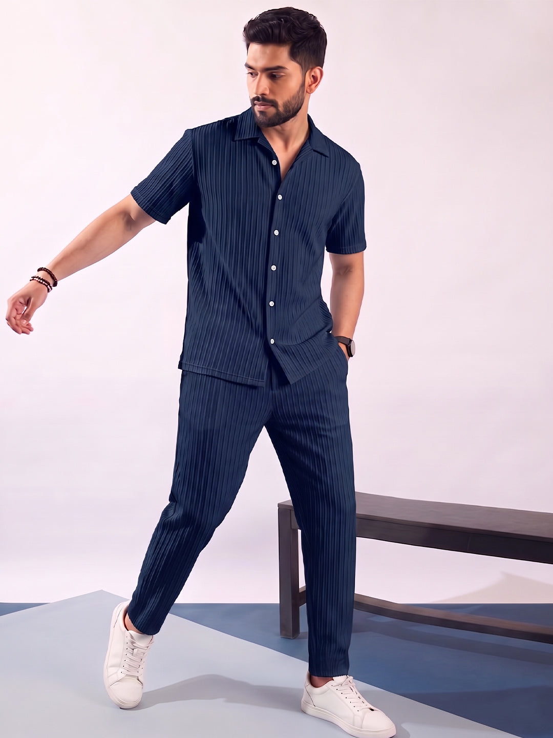 Men’s Navy Blue Textured Co-Ord Set – Premium Relaxed Fit Shirt & Trouser Set