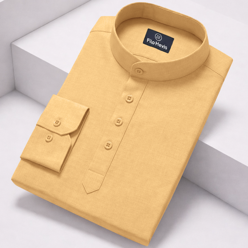 Cotton Chinese Collar Short Kurta for Men | Traditional Nehru Ethnic Shirts | Daily Wear-Beige Filo Hevis