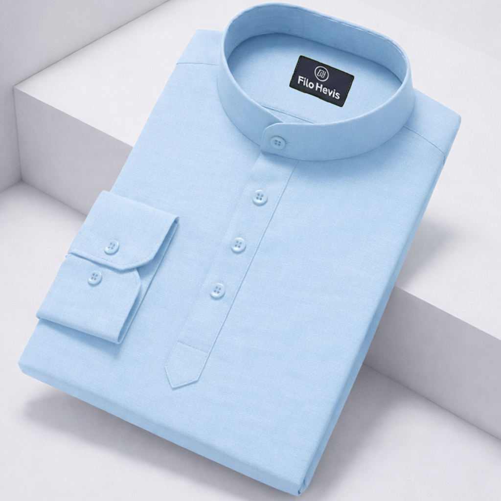 Cotton Chinese Collar Short Kurta for Men | Traditional Nehru Ethnic Shirts | Daily Wear-Sky Filo Hevis