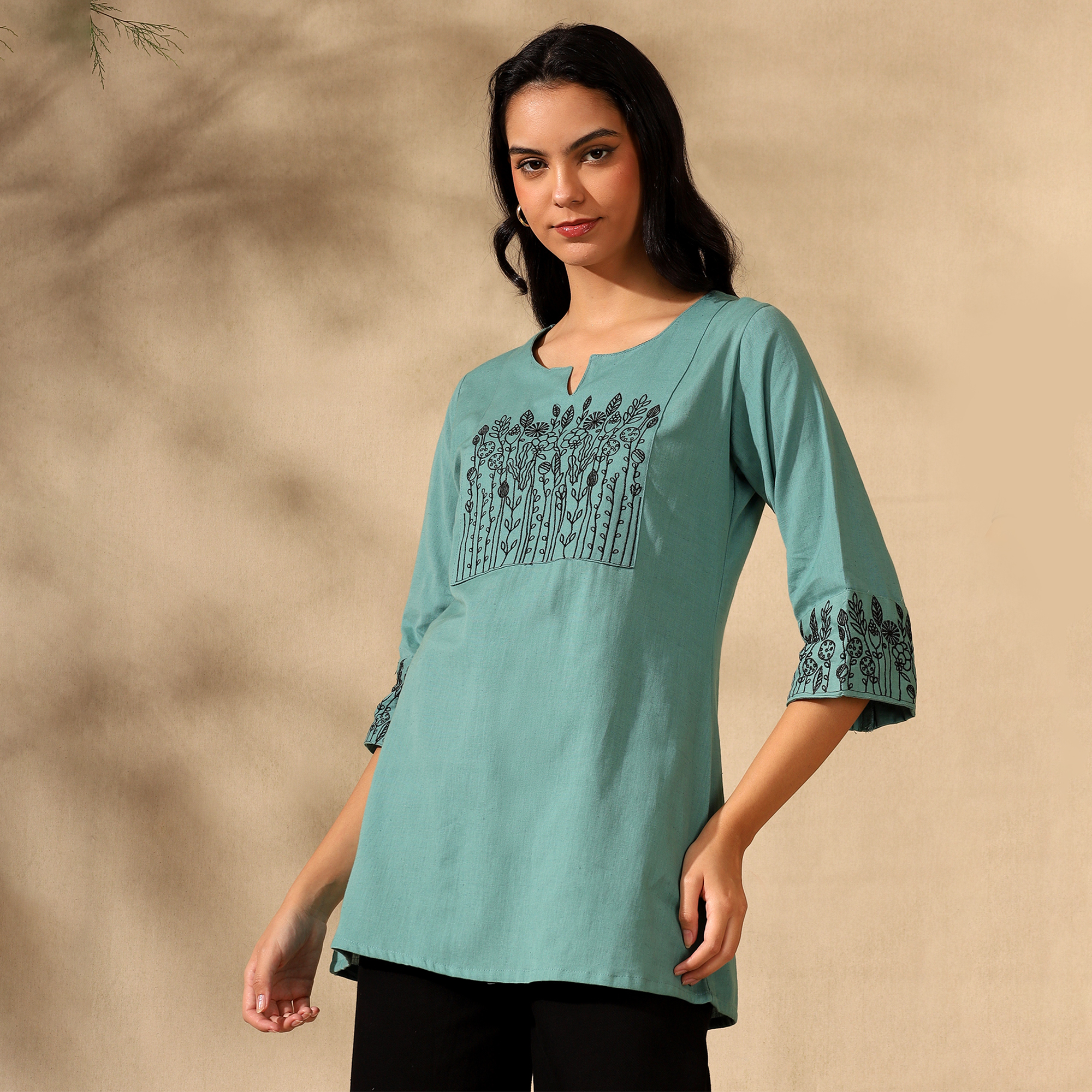 Botanical Embroidered Pure Cotton Green Short Kurti/Tunic