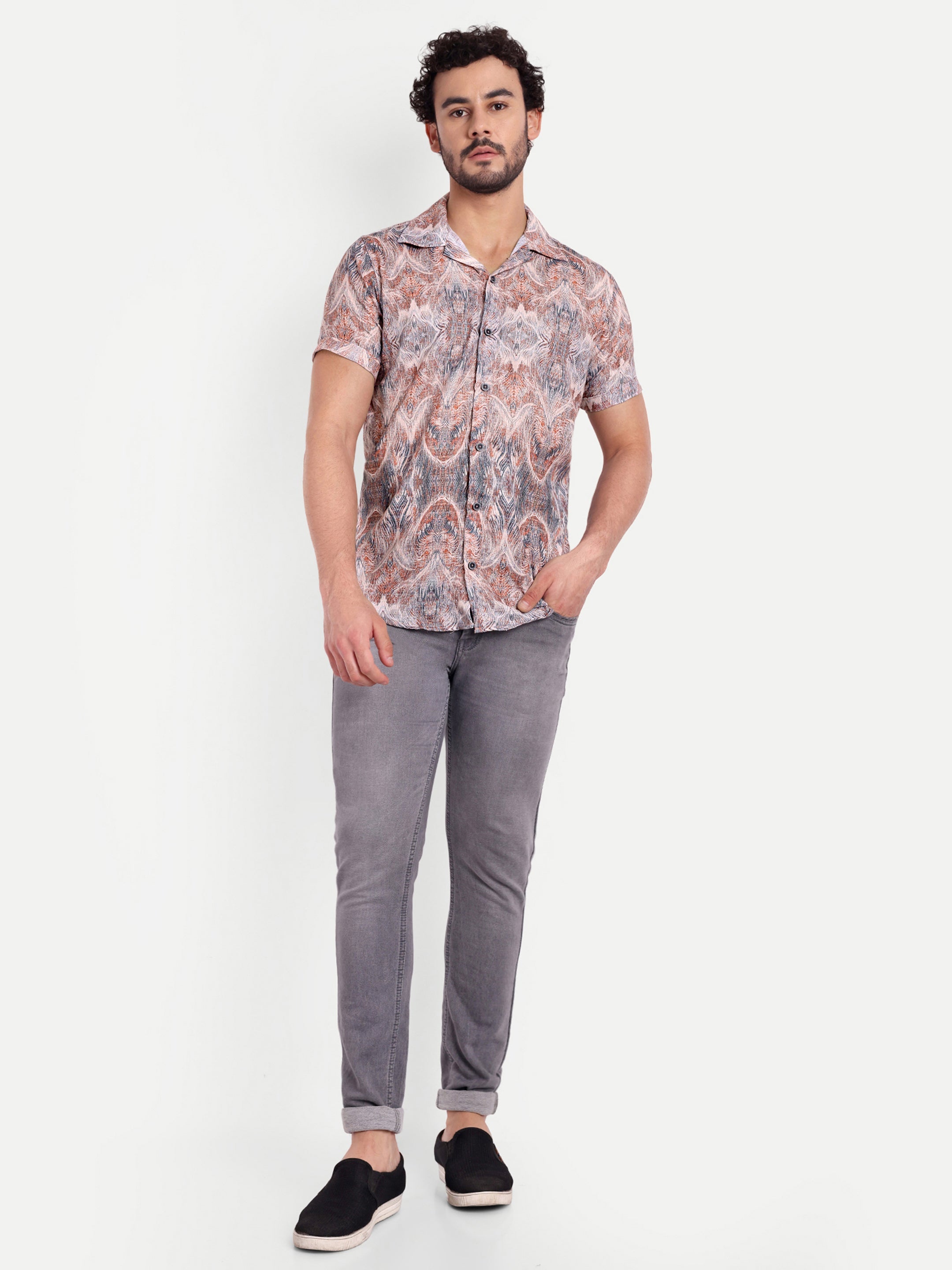 Blue Orange Printed Textured Half Shirt My Store