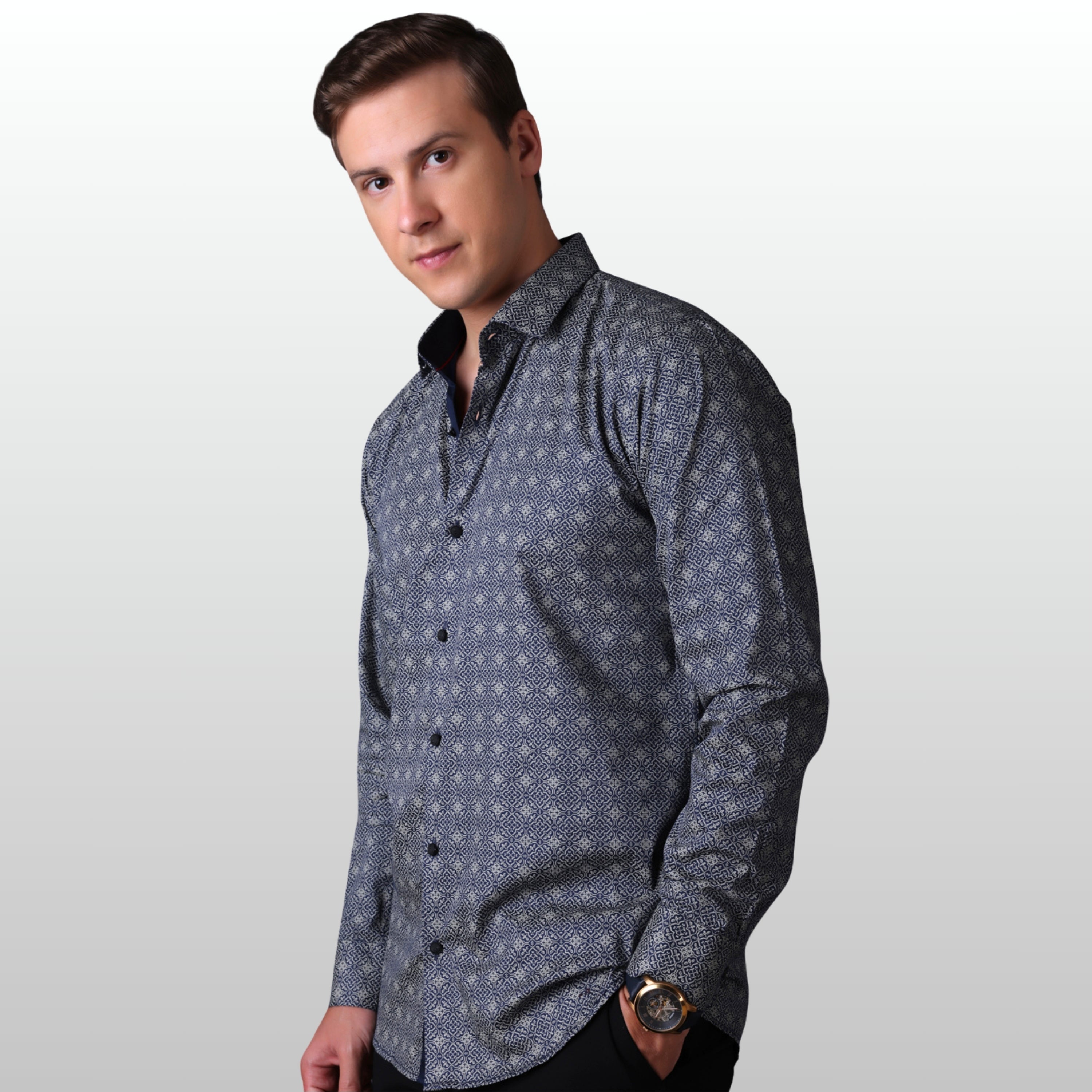 PRINTED SHIRTS | FORMAL & CASUAL SHIRTS FOR MEN | FILO HEVIS GEOMETRIC PRINTS SHIRT COLLECTION-Navy