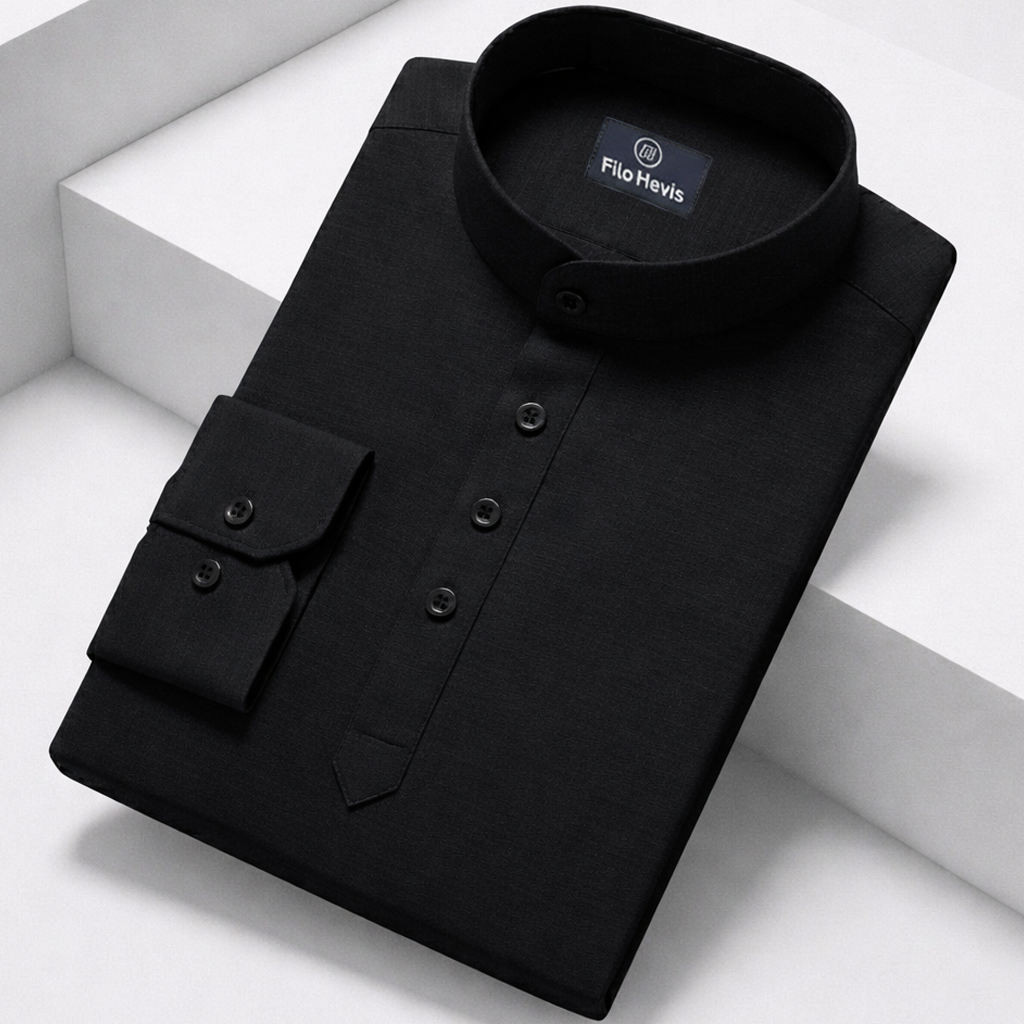 Cotton Chinese Collar Short Kurta for Men | Traditional Nehru Ethnic Shirts | Daily Wear-Black Filo Hevis