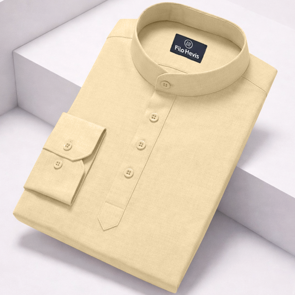 Cotton Chinese Collar Short Kurta for Men | Traditional Nehru Ethnic Shirts | Daily Wear-Cream Filo Hevis