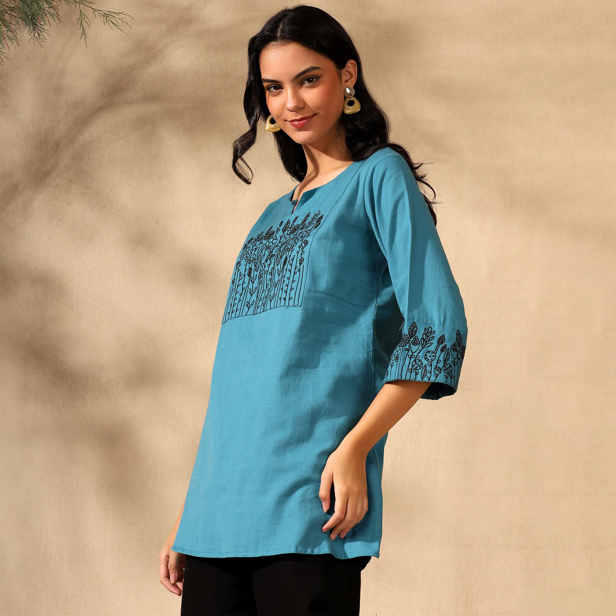 Botanical Embroidered Pure Cotton Blue Short Kurti/Tunic