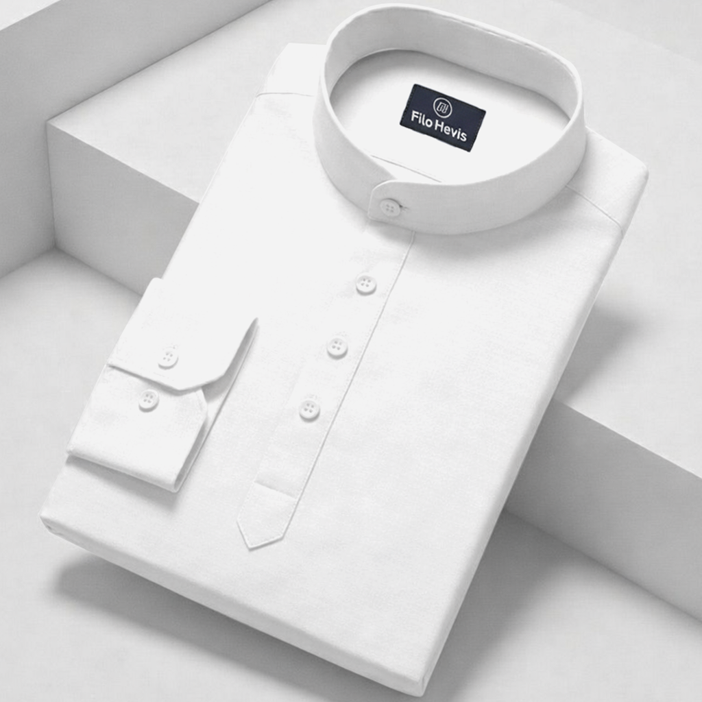 Cotton Chinese Collar Short Kurta for Men | Traditional Nehru Ethnic Shirts | Daily Wear-White Filo Hevis