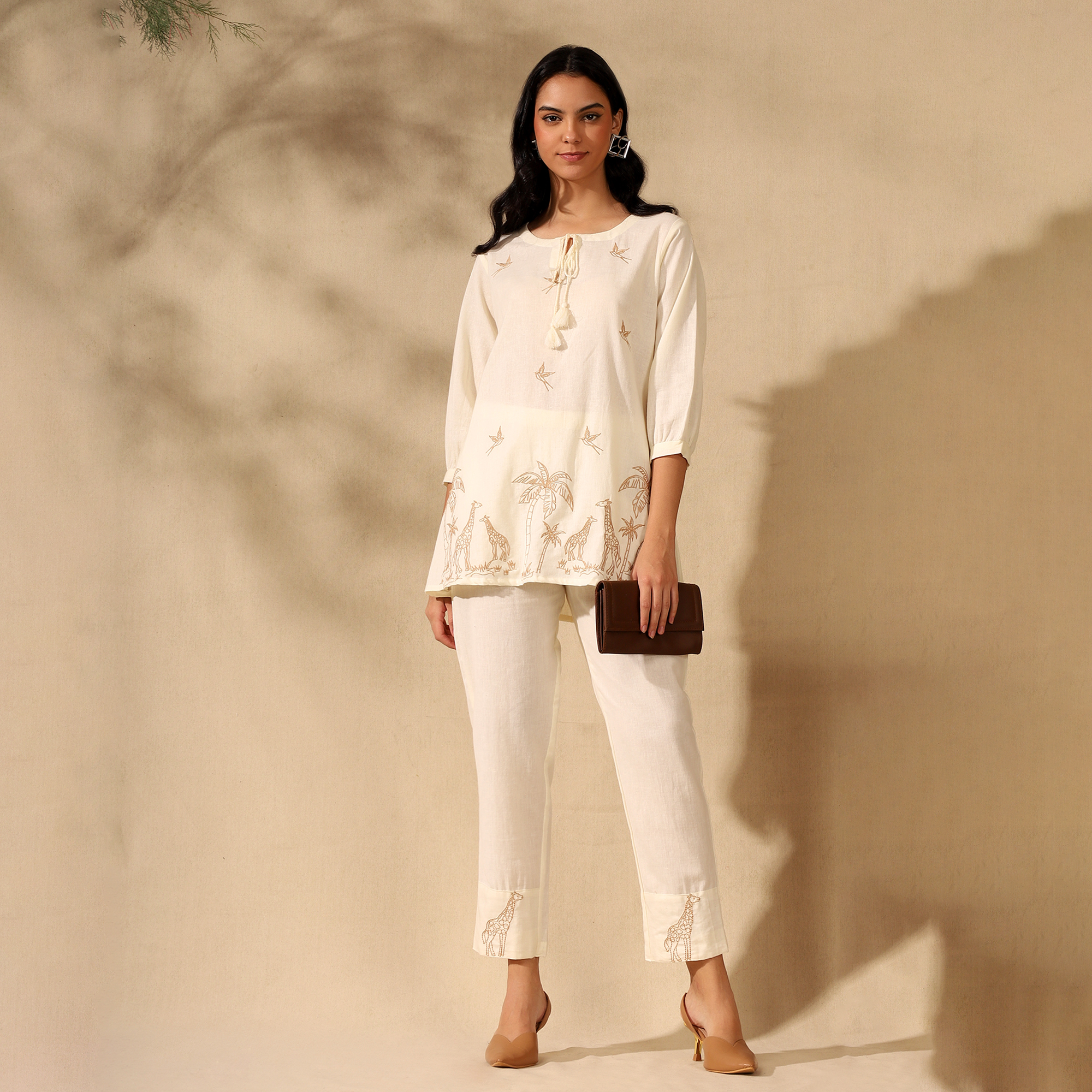 Embroidered Pure Cotton Tunic With Trousers Cream Co-ord Set