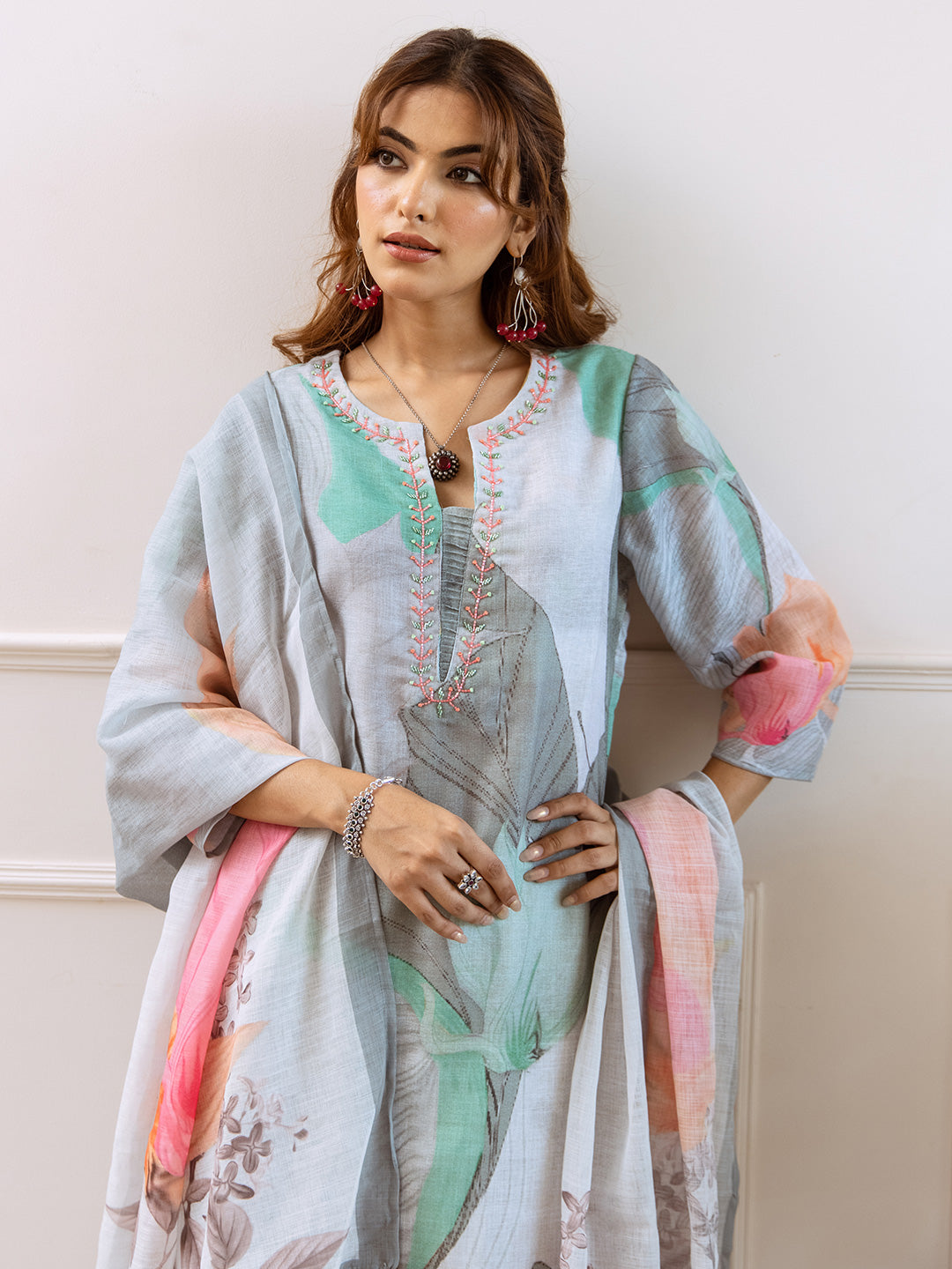 Floral Printed Notched Neck Linen Straight Kurta Set with Dupatta- Grey Green