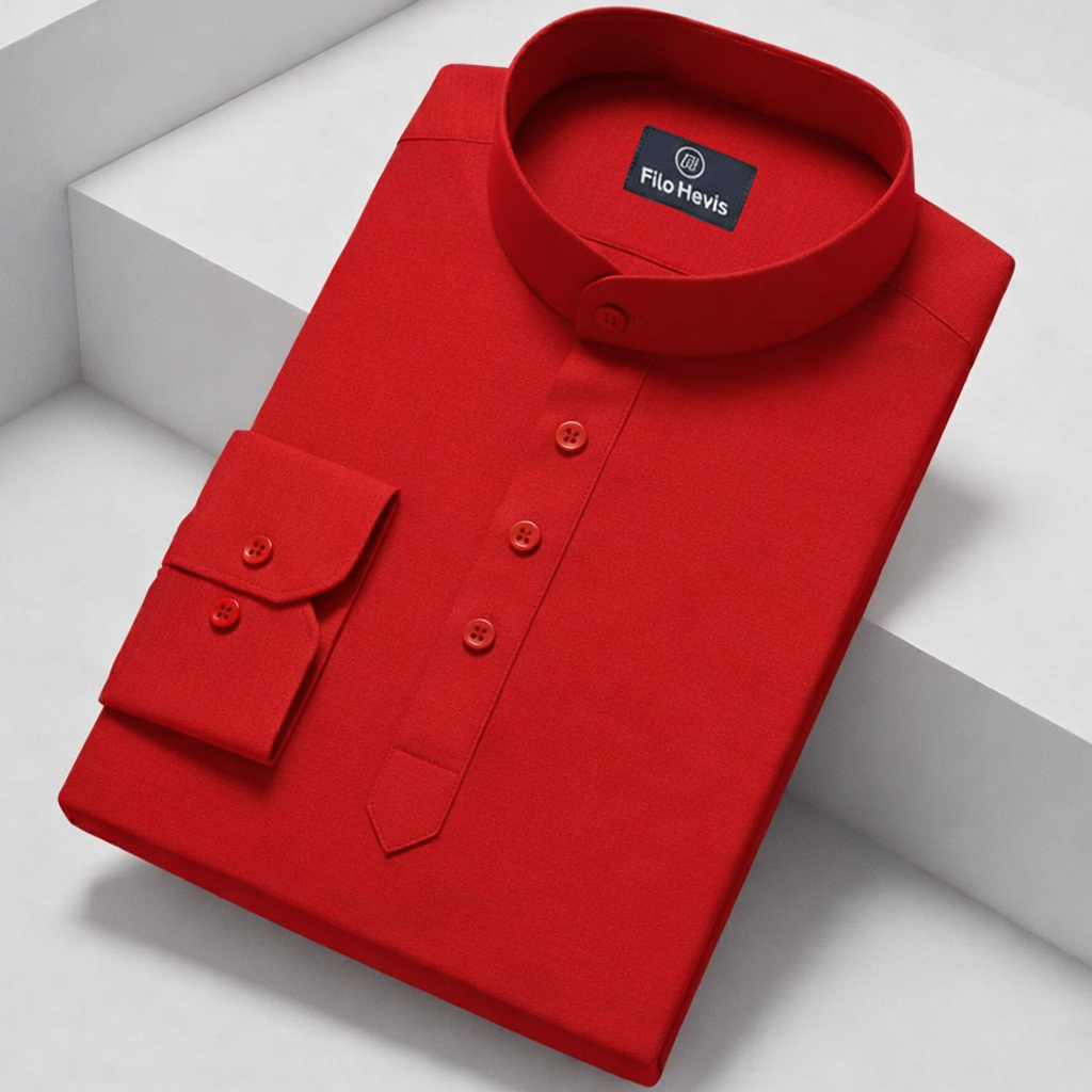 Cotton Chinese Collar Short Kurta for Men | Traditional Nehru Ethnic Shirts | Daily Wear-Red Filo Hevis