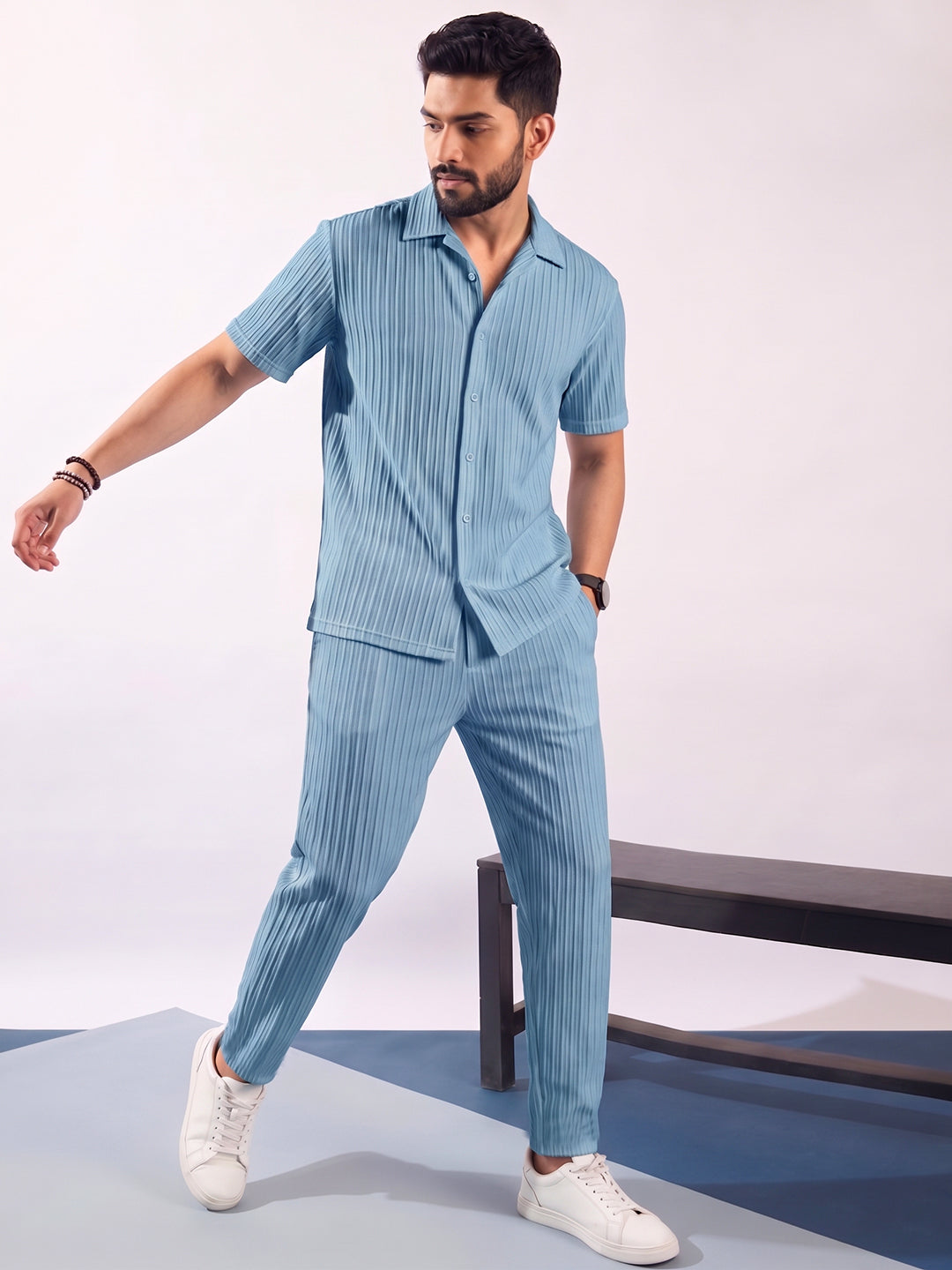 Men’s Light Sky Textured Co-Ord Set – Premium Relaxed Fit Shirt & Trouser Set