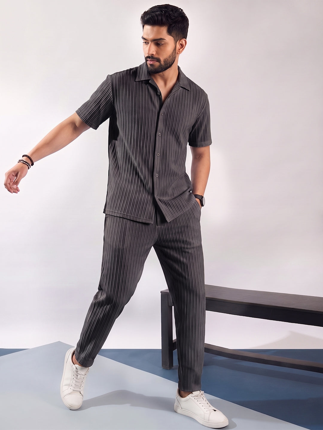 Men’s Dark Grey Textured Co-Ord Set – Premium Relaxed Fit Shirt & Trouser Set