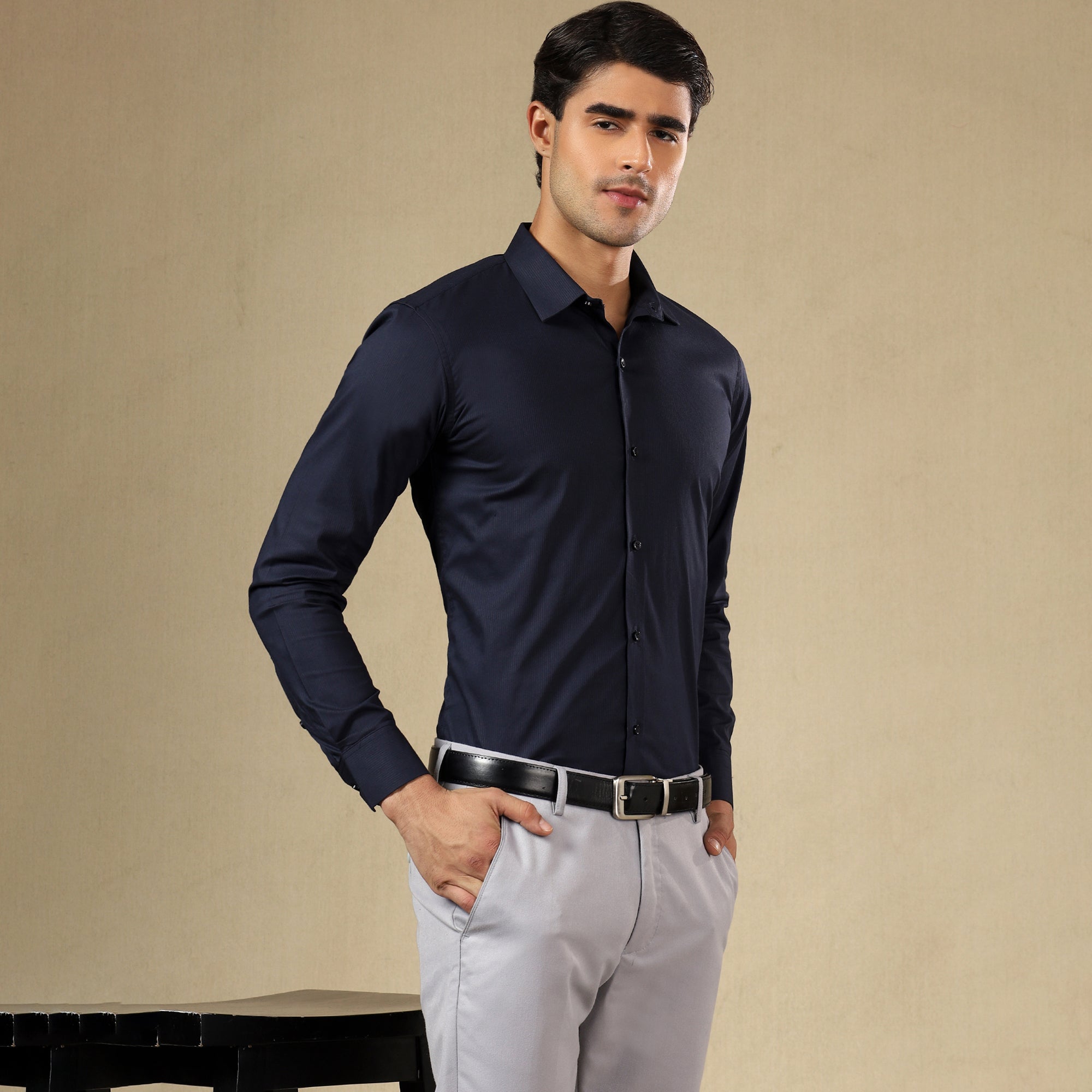 Men’s Classic Self-Striped Regular Fit Shirt- Navy Blue