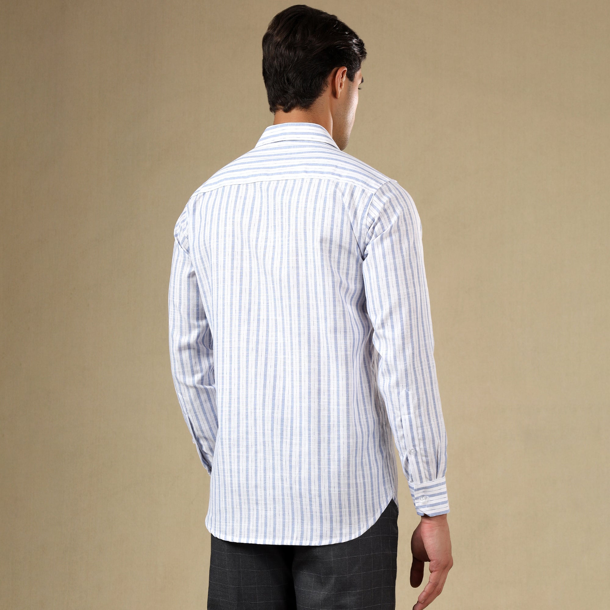 Men's Striped Linen Regular Fit Single Pocket Shirt- Sky Blue