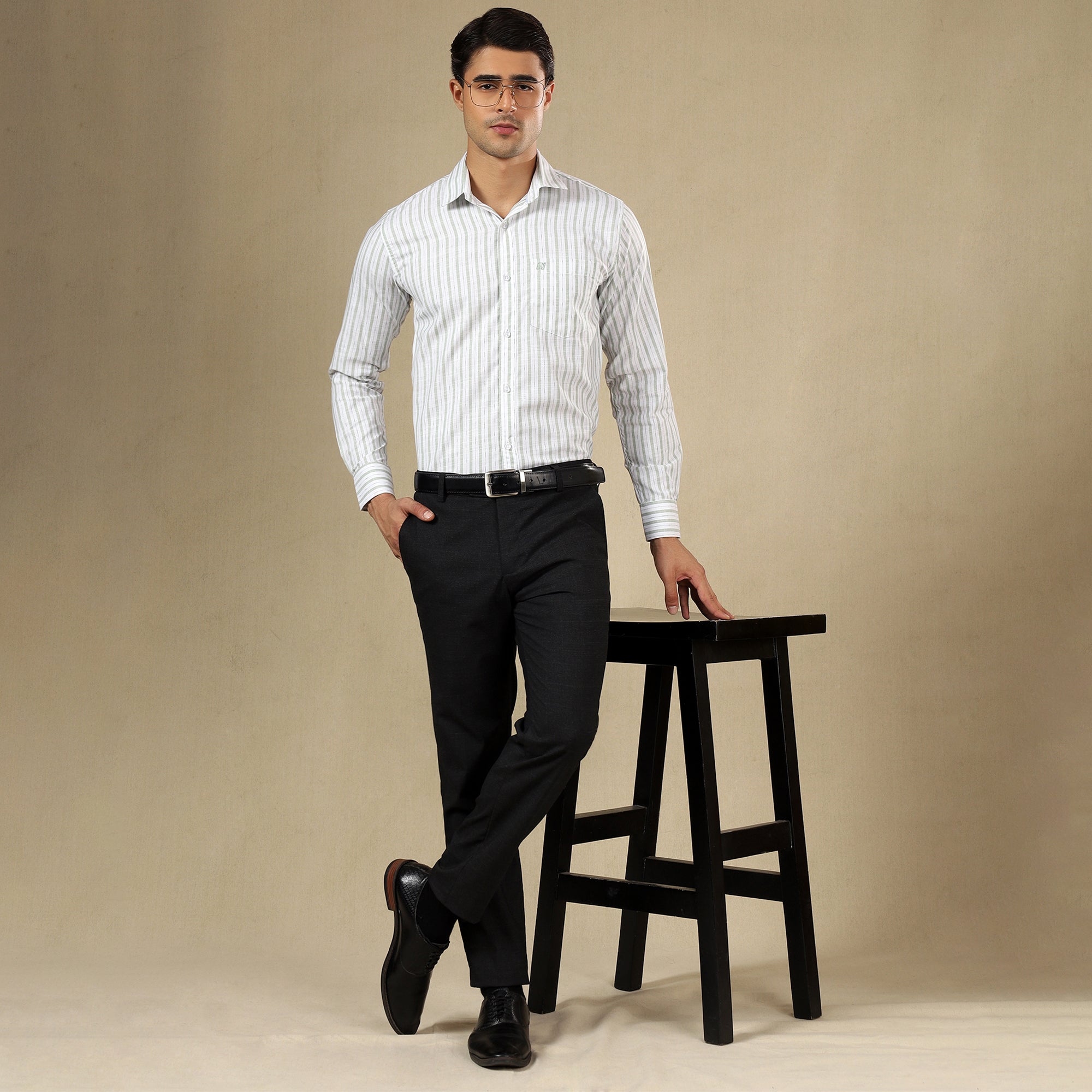 Men's Striped Linen Regular Fit Single Pocket Shirt- Green