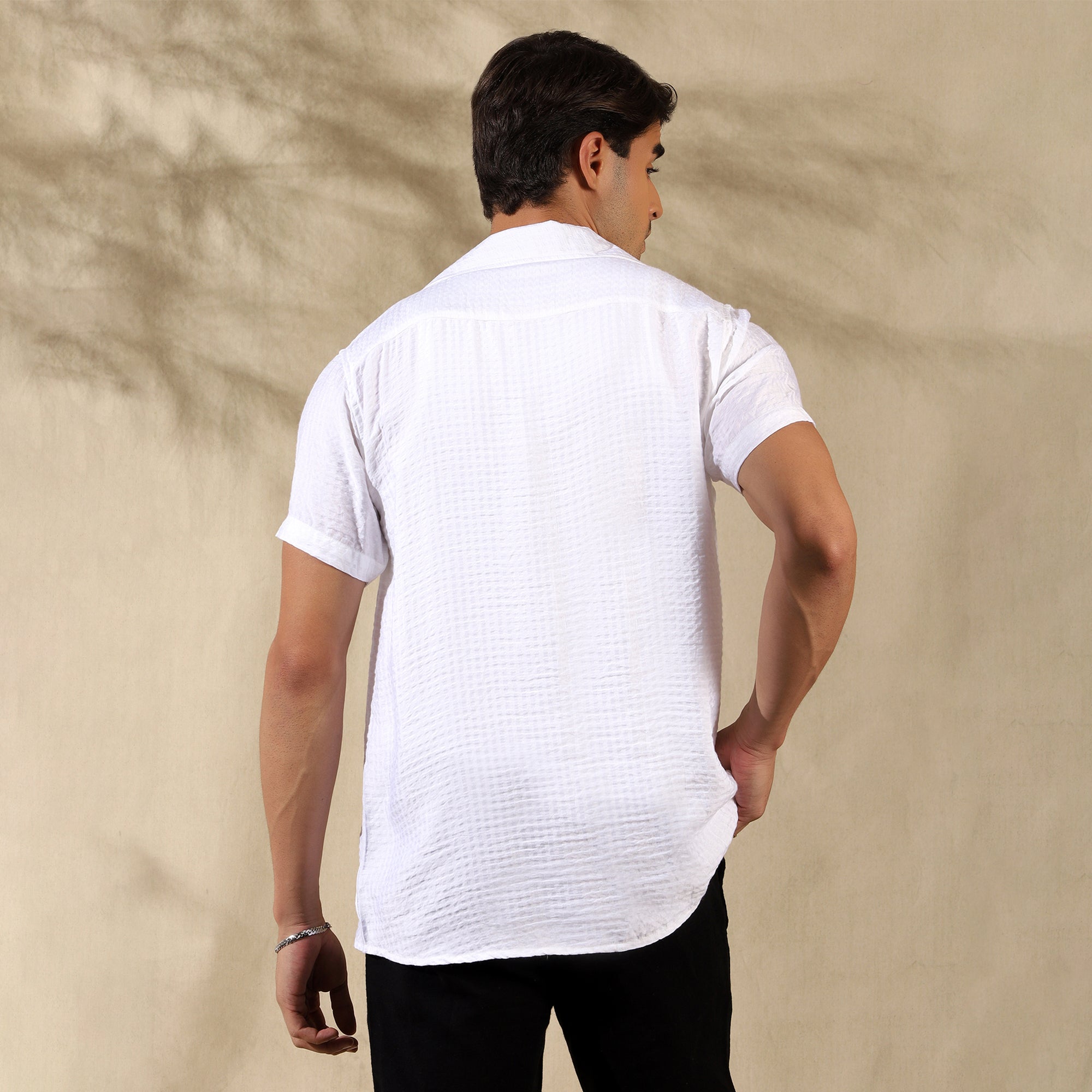 Men's Imported Textured Cuban Collar Casual Half Shirt White Filo Hevis