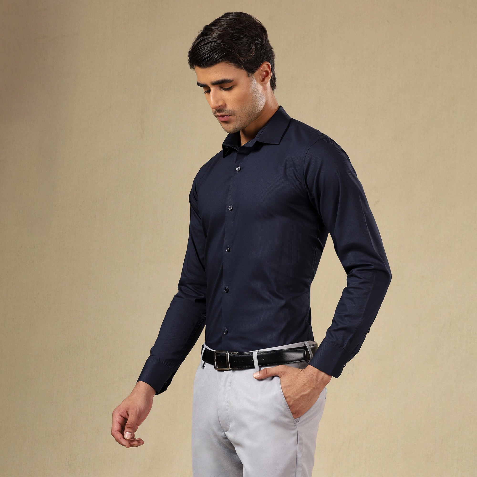 Men’s Classic Self-Striped Regular Fit Shirt- Navy Blue