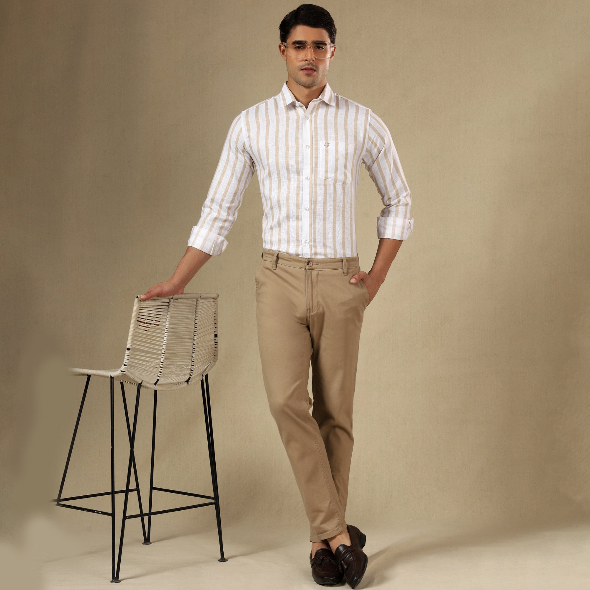 Men's Striped Linen Regular Fit Single Pocket Shirt- Yellow